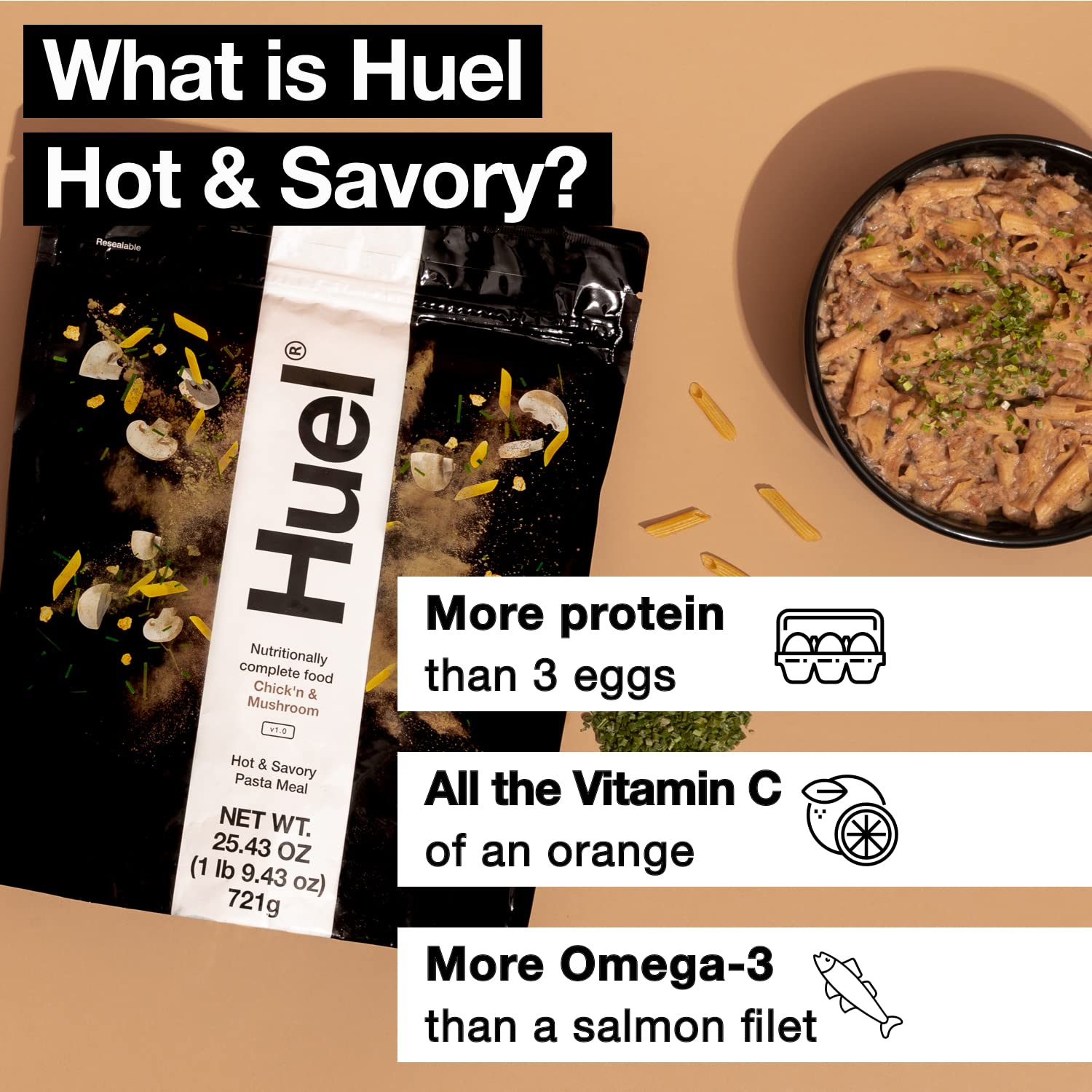 Buy Huel Hot and Savory Instant Meal Replacement Chick’n and Mushroom Pasta 14 Scoops Packed
