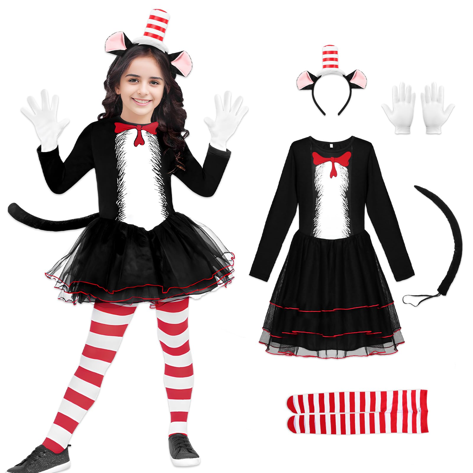 Alaiyaky Cat In The Hat Costume Kids, World Book Day Costumes for Girls Cat Costumes Cat in Hat Dress with Pantyhose Headband Tail Gloves, Cat Outfit World Book Day Costumes for Kids (Suit A, 110)