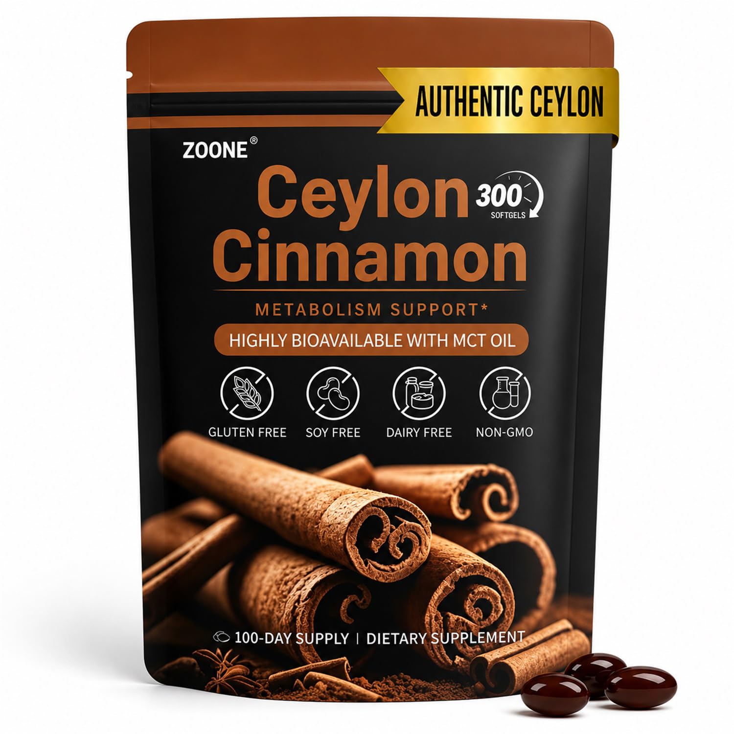 Zoone Suplemento de Canela-do-Ceilão com Óleo MCT, 600 mg, 300 cápsulas gelatinosas