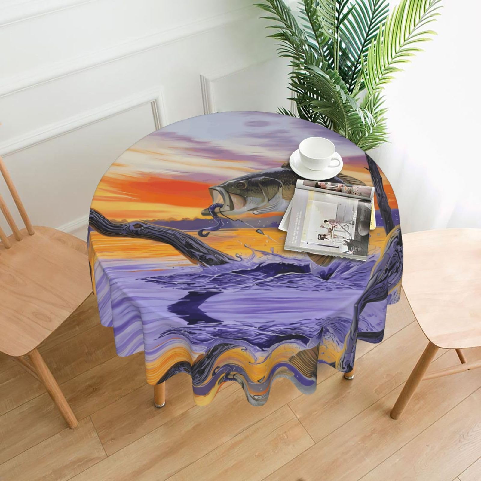 WHJSSF Bass Fish Prints Round Decorative Tablecloth 60in - Elevate Your Dining Experience with a Stylish & Protective Table Throw