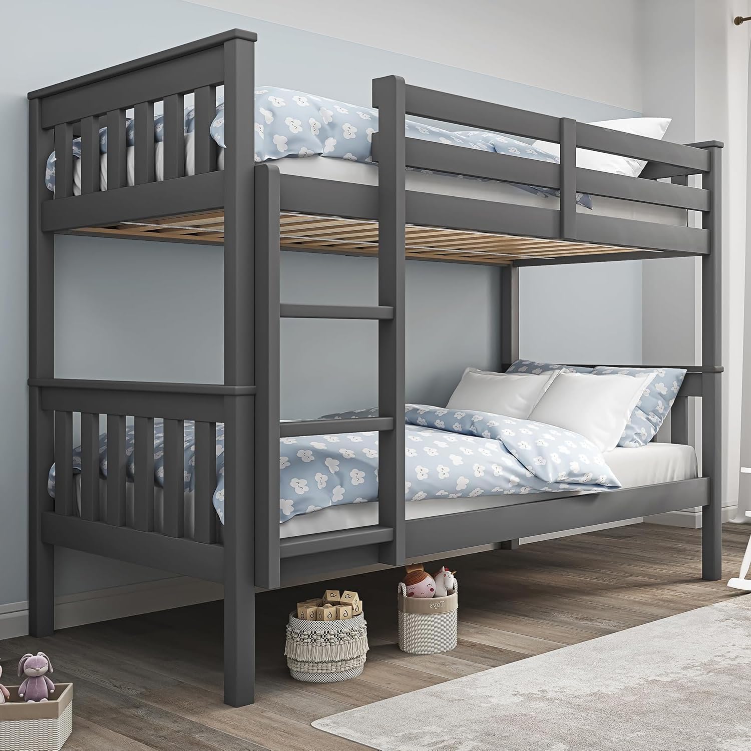 Blisswood Double Bed Bunk Bed, 3ft Wooden Bunk Beds With Ladder Twin Sleeper Kids Bunk Bed, Solid Pine Wood Frame Single Double Bed frame For Kids Children Home Dark Grey