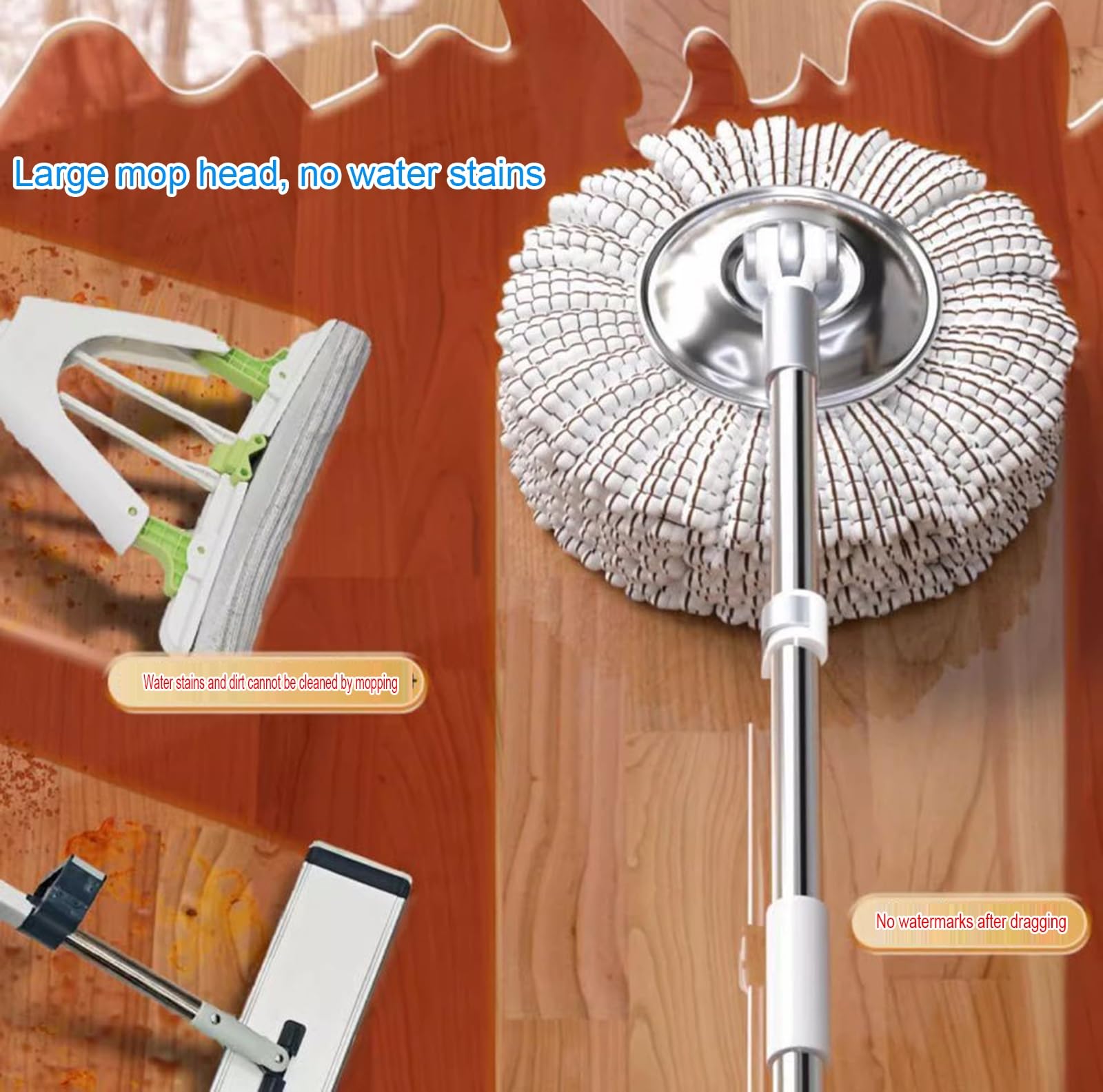 Trapeador Giratorio con Cubo, Sistema de Cubo único Redondo Manos Libres, trapeador de Piso de Microfibra húmedo y seco para Laminado,B