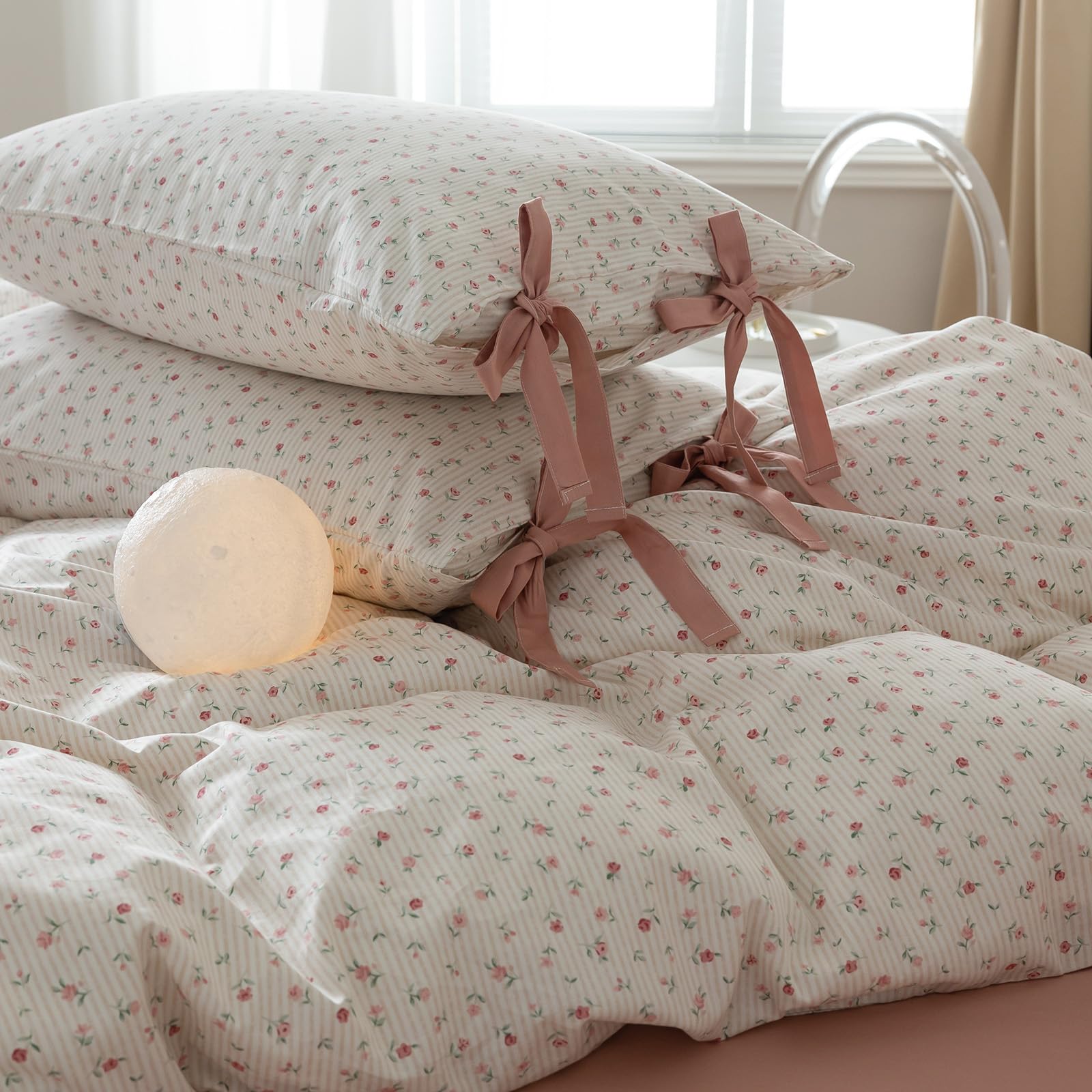 Aesthetic Floral Pillowcases Set Kids Girls Pink Flower Pillow Shams Vintage Floral Bedding Pillow Covers with Elegant Bow Ties 100% Cotton Botanical Flower Pillowcases Set King, (2 Pieces, 20"x36")-image-45