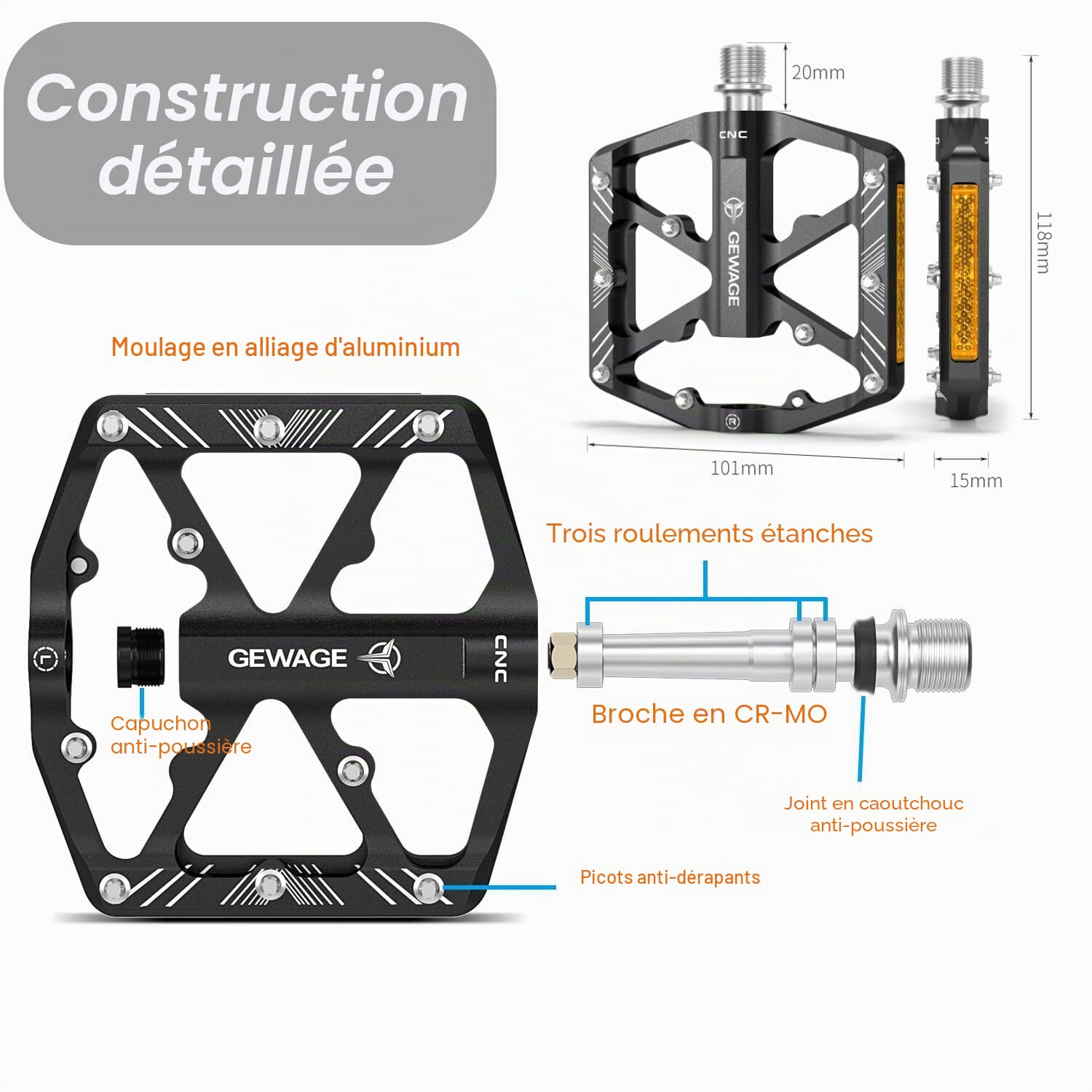 GEWAGE Pédales de Vélo avec Bandes Réfléchissantes, 3 Roulements Scellés, Plateforme Aluminium CNC Antidérapante 9/16" pour Vélo de Route VTT E-Bike
