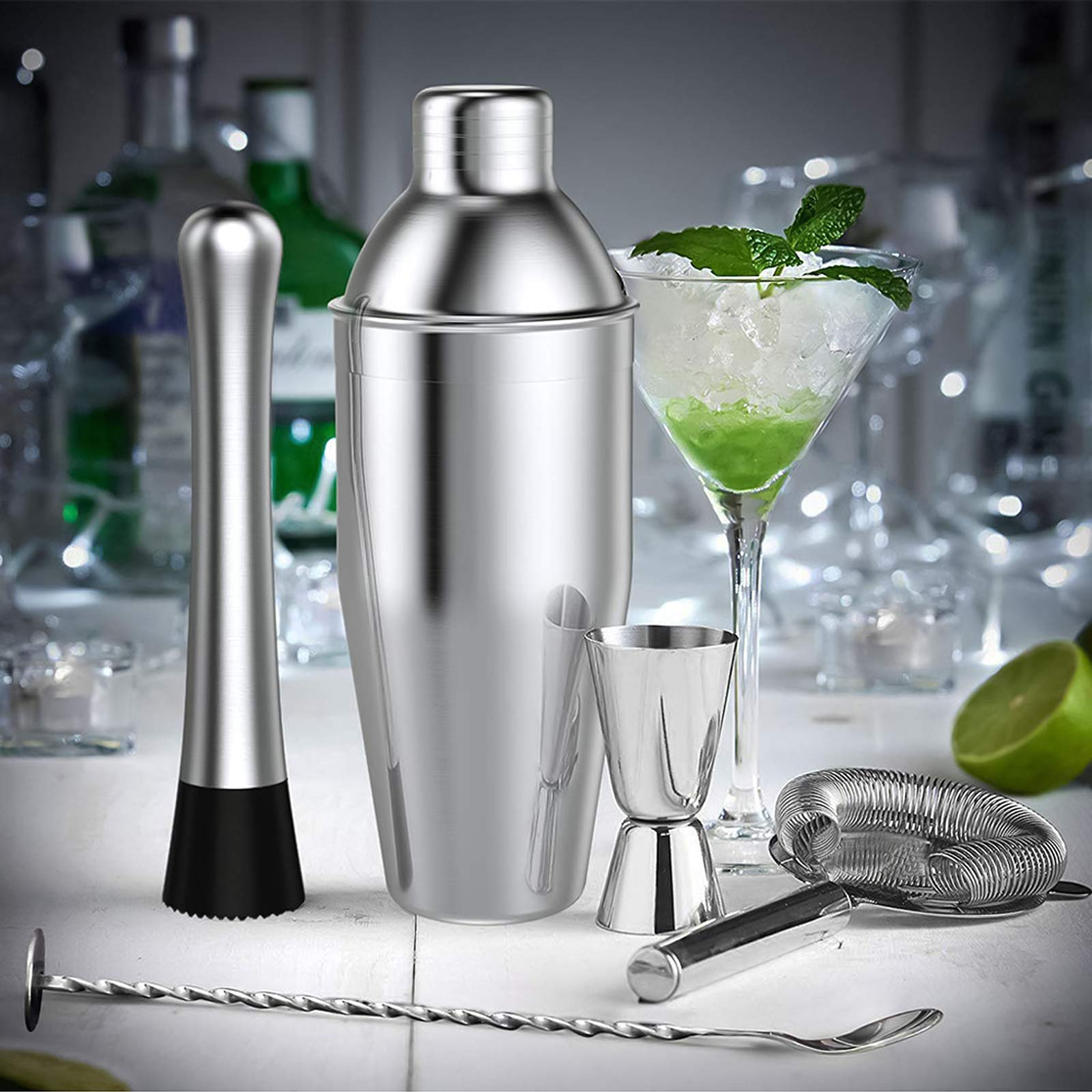 Shaker Cocktail Set 750 ML, 17 Pezzi Kit da Barman in Acciaio Inox, Professionale Kit Barman Completo, Set di Strumenti Bar con Mensola in Cristallo,Ricetta,per Casa, Bar e Feste,Regalo