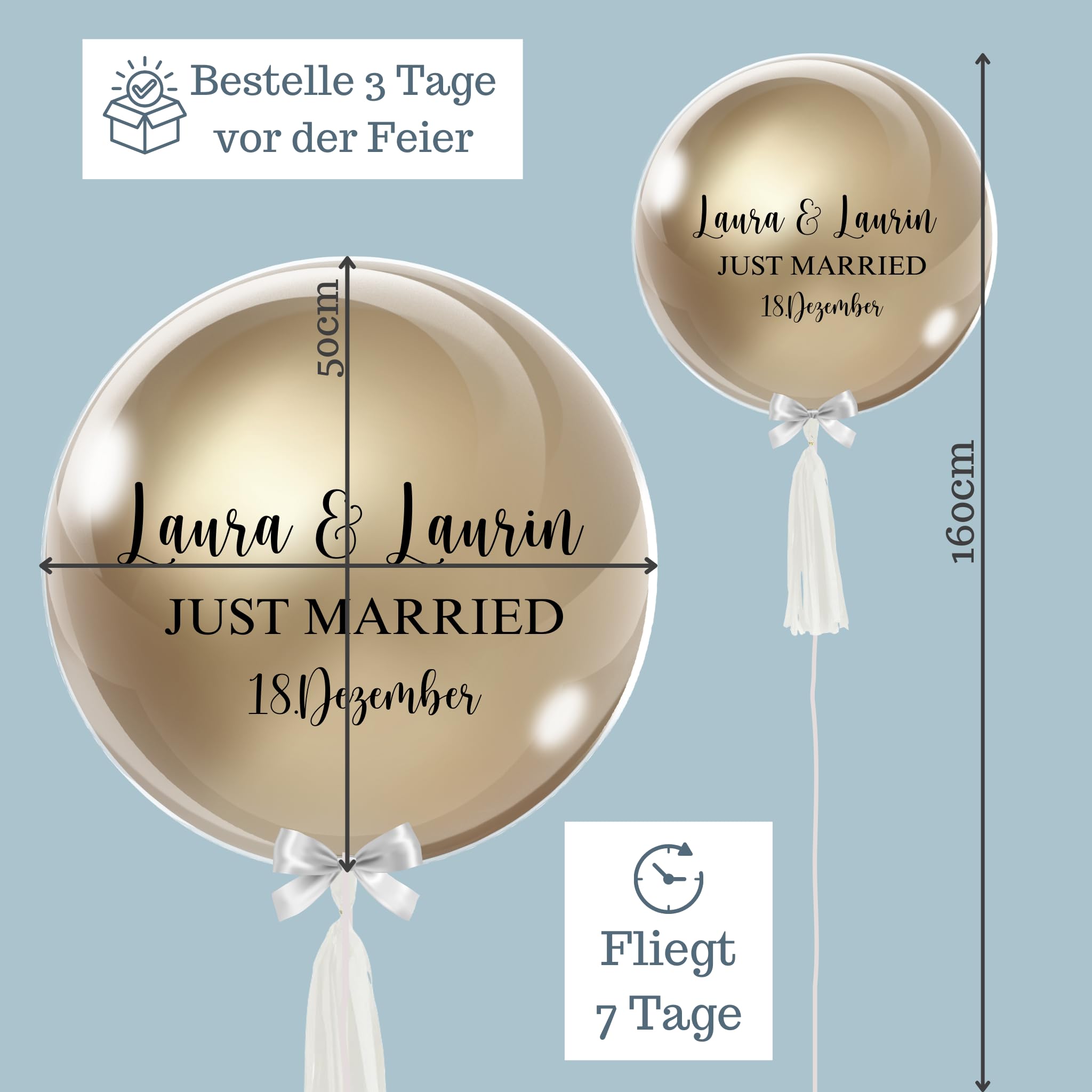 Just Married - Bubble Fabrik - Personalisiertes Ballongeschenk: Einfarbiger Heliumballon mit Blattgold, Geschenk zur Hochzeit, Hochzeitsmitbringsel, Geschenkidee