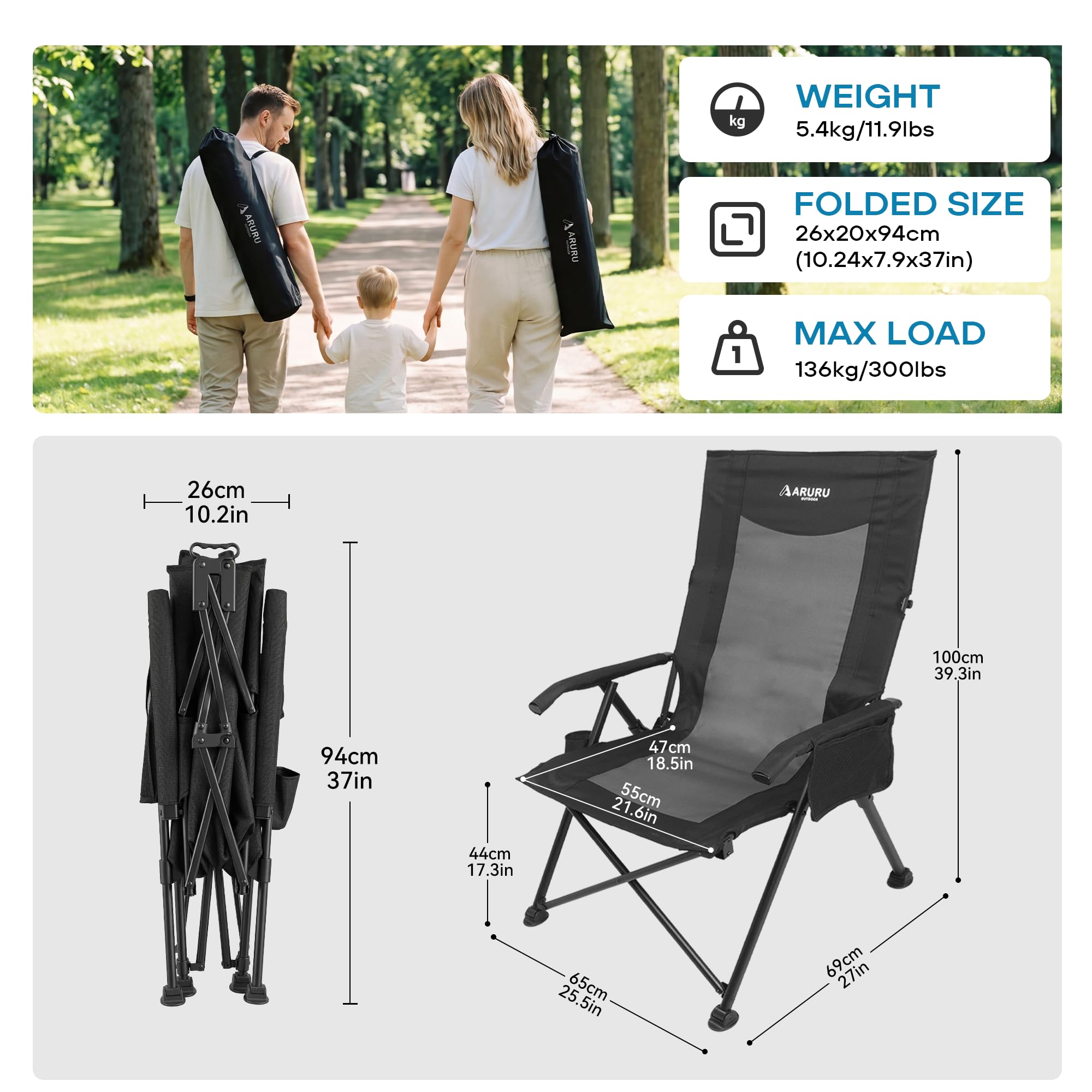 Campingstuhl Faltbar Klappbarer, 6-Fach verstellbare Rückenlehne, extra breiter Gartenstuhl für Erwachsene, tragbarer Strandstuhl, Belastbarkeit bis 136 kg(Schwarz und Grau, 2 Pack)