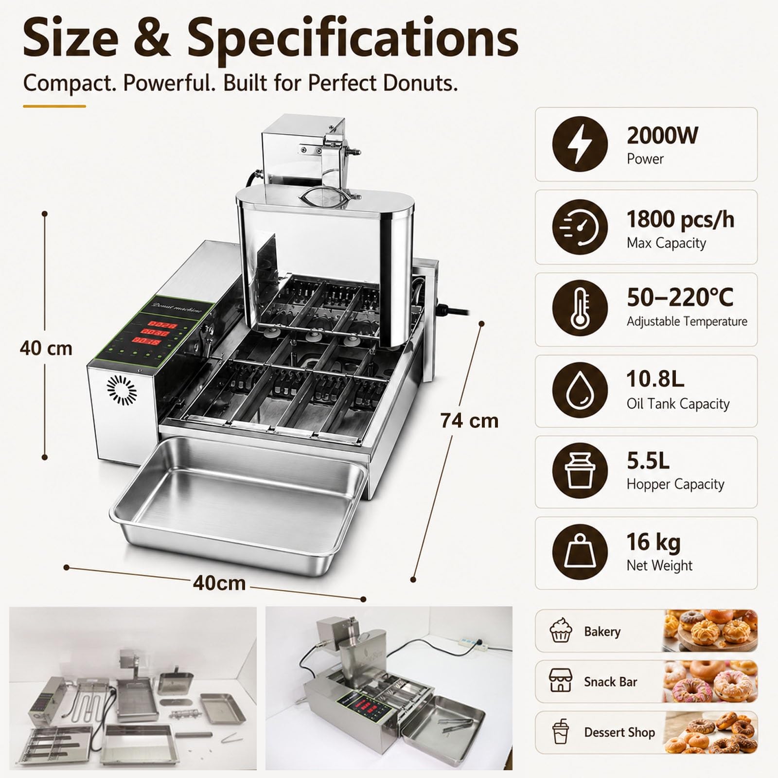 Máquina automática comercial de donas de 2000 W, mini dona de 4 filas con panel de control LED inteligente, 1800 unidades/h de alta salida, transportador automático abatible, ajuste de grosor de 5