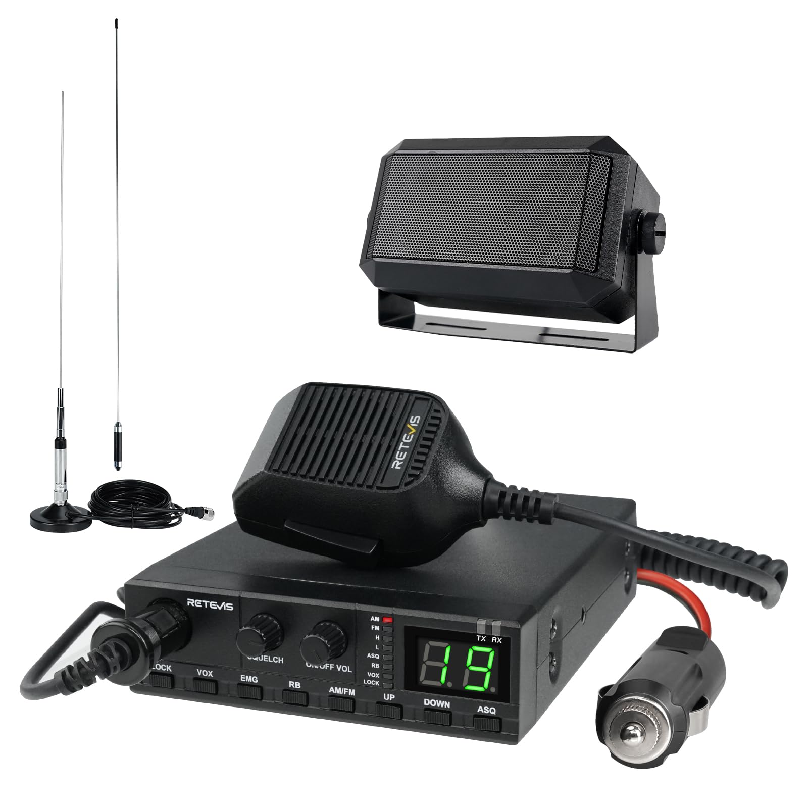 Retevis MB62 CB Radio, CB con Antenna ad Alto Segnale e Altoparlante Esterno, VOX, Riduzione Del Rumore ASQ/SQ, AM/FM, EMG CH9/19, Staffa di Montaggio, Radio Portatile per Camion (1 Pz)