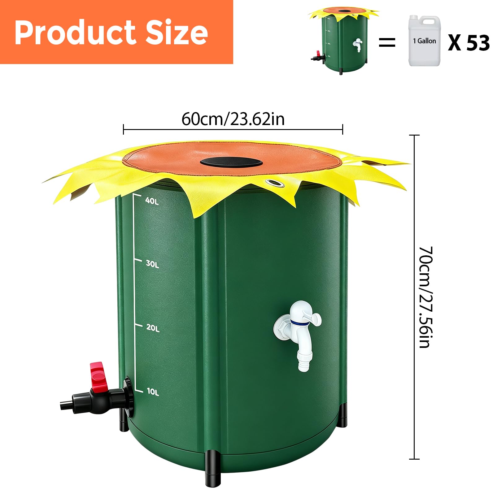 Cisterna pieghevole da 200 l, serbatoio dell'acqua piovana | con filtro e rubinetto, serbatoio dell'acqua in PVC 500D, serbatoio dell'acqua portatile per irrigazione del giardino