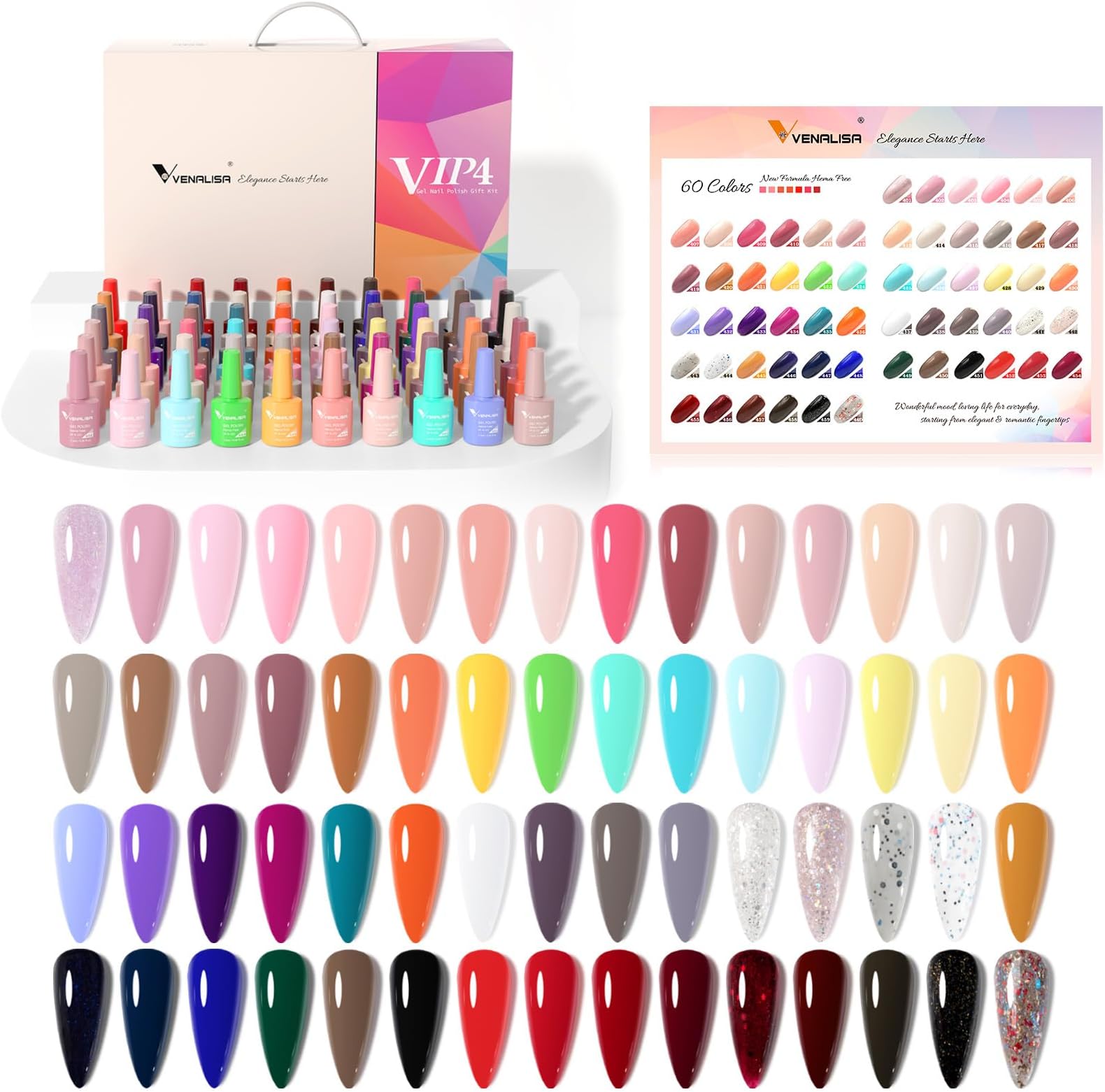 VENALISA VIP4 Gel Nail Polish Kit of 65 Pcs With Color Book Red Pink Orange Green Colors Gel Polish Set Soak Off UV Gel Salon Nail Art DIY at Home Manicure