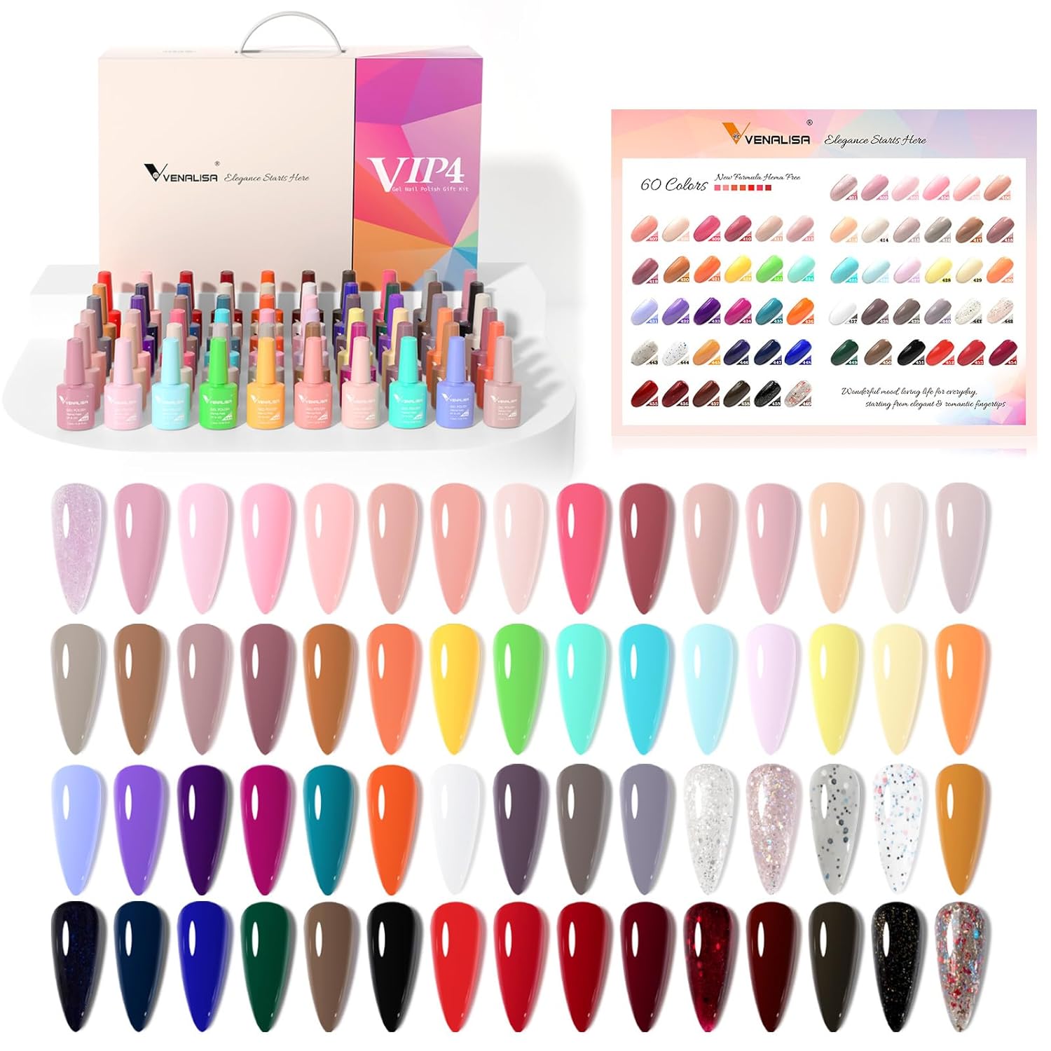 VENALISA VIP4 Gel Nail Polish Kit of 65 Pcs With Color Book Red Pink Orange Green Colors Gel Polish Set Soak Off UV Gel Salon Nail Art DIY at Home Manicure