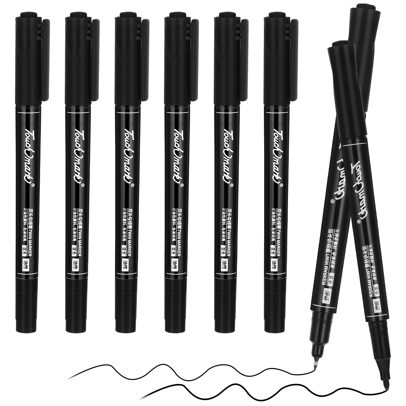 Jeffdad 6 rotuladores permanentes finos, 0,5/1,0 mm, doble punta, marcadores permanentes, negros, resistentes al agua, con punta fina, para vidrio, piedra, madera, cerámica (negro)