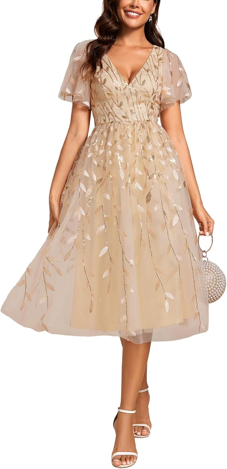 Ever-Pretty Women's V Neck A Line Cocktail Dresses Embroidery Short Sleeves Midi Sequin Formal Wedding Guest Dress 02230