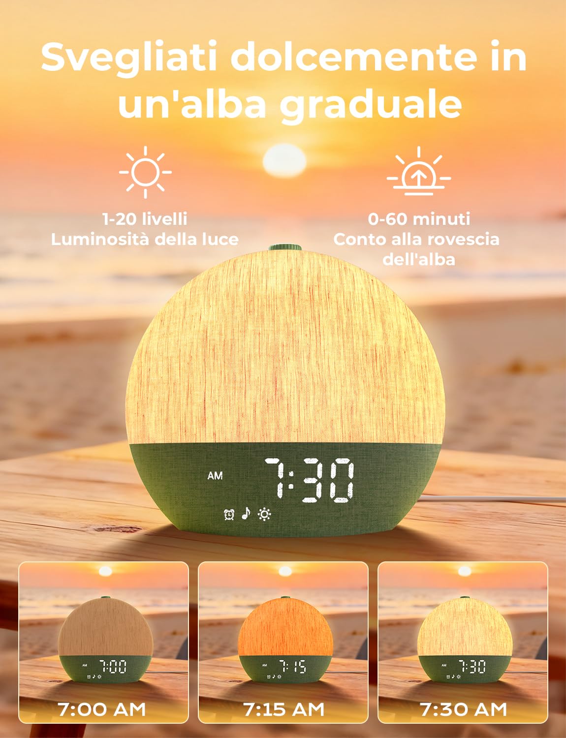 LIORQUE Sveglia Luminosa con Simulazione Alba, Sveglia da Comodino | Bluetooth, Rumore Bianco, 30 Suoni Rilassanti, Timer Spegnimento, Design Senza Schermo, Luce Notturna Regolabile