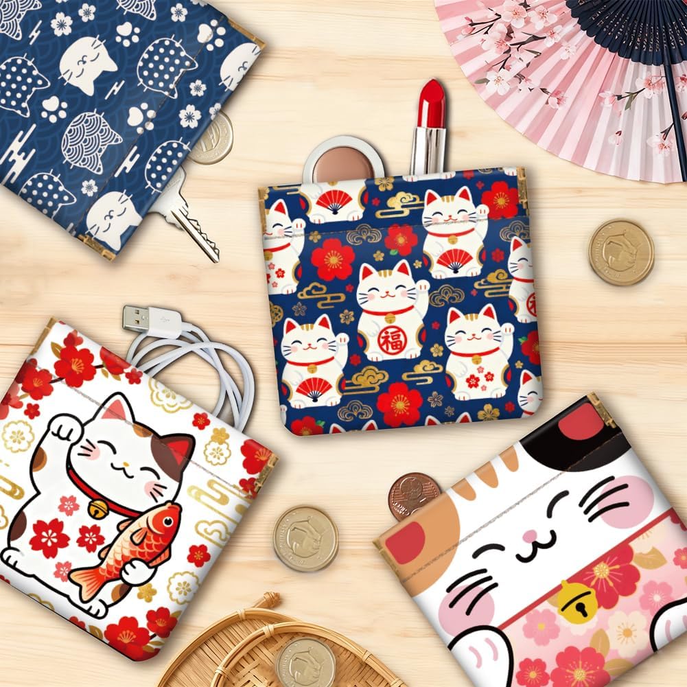Peacoblue 4Pcs Small Leather Squeeze Coin Purse for Women-Japanese Lucky Cat Pattern Waterproof & Durable Snap Closure Change Pouch Mini Money Wallet Bag for Adult Teen Girls Best Gift