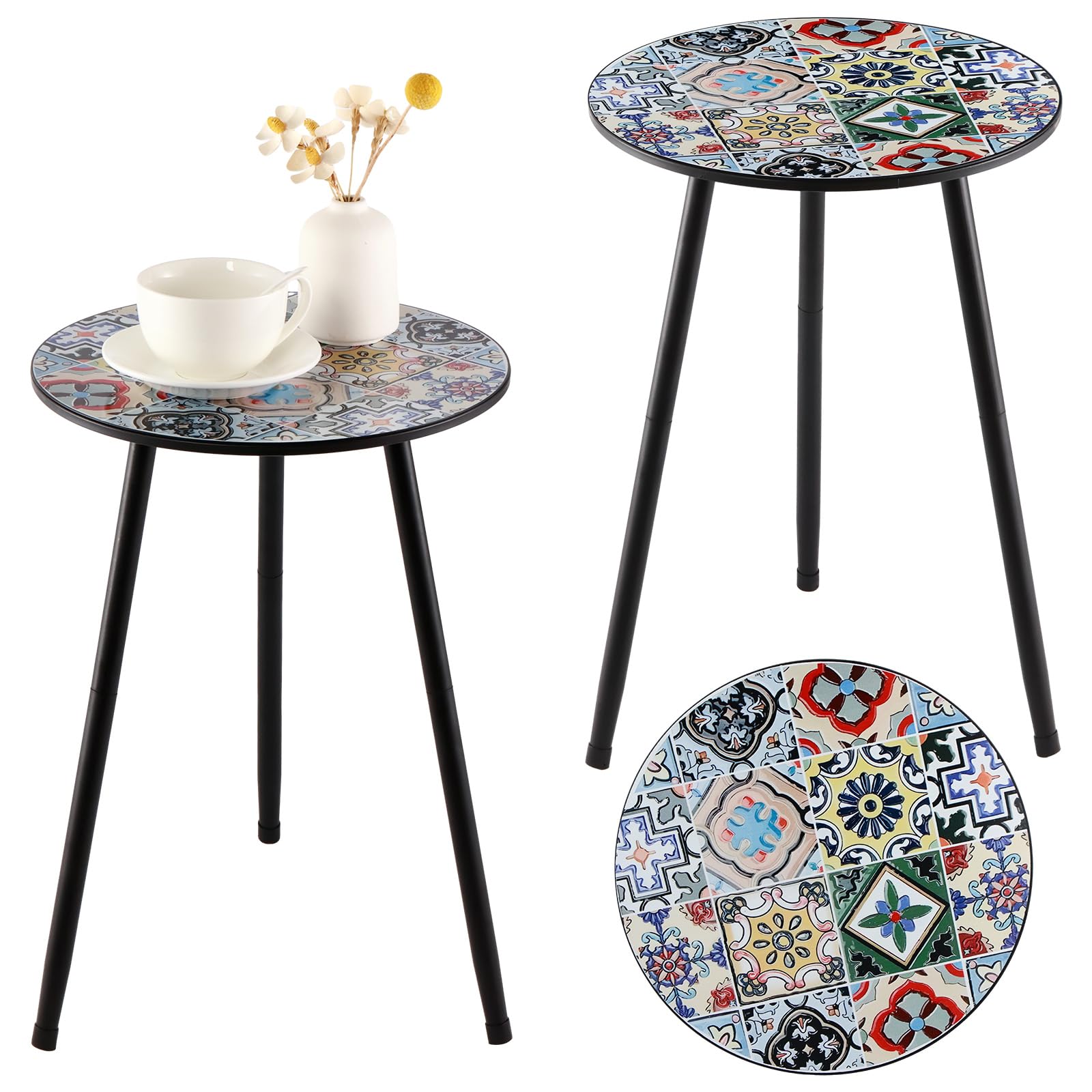 Photo 1 of 2 Packs Metal Mosaic Round Side Tables 13.4" Small Outdoor Patio Round Accent Coffee Tables Indoor Corner Stand for Small Spaces Weather-Resistant for Balcony, Porch Plant Stands Indoor, Mixed Mosaic