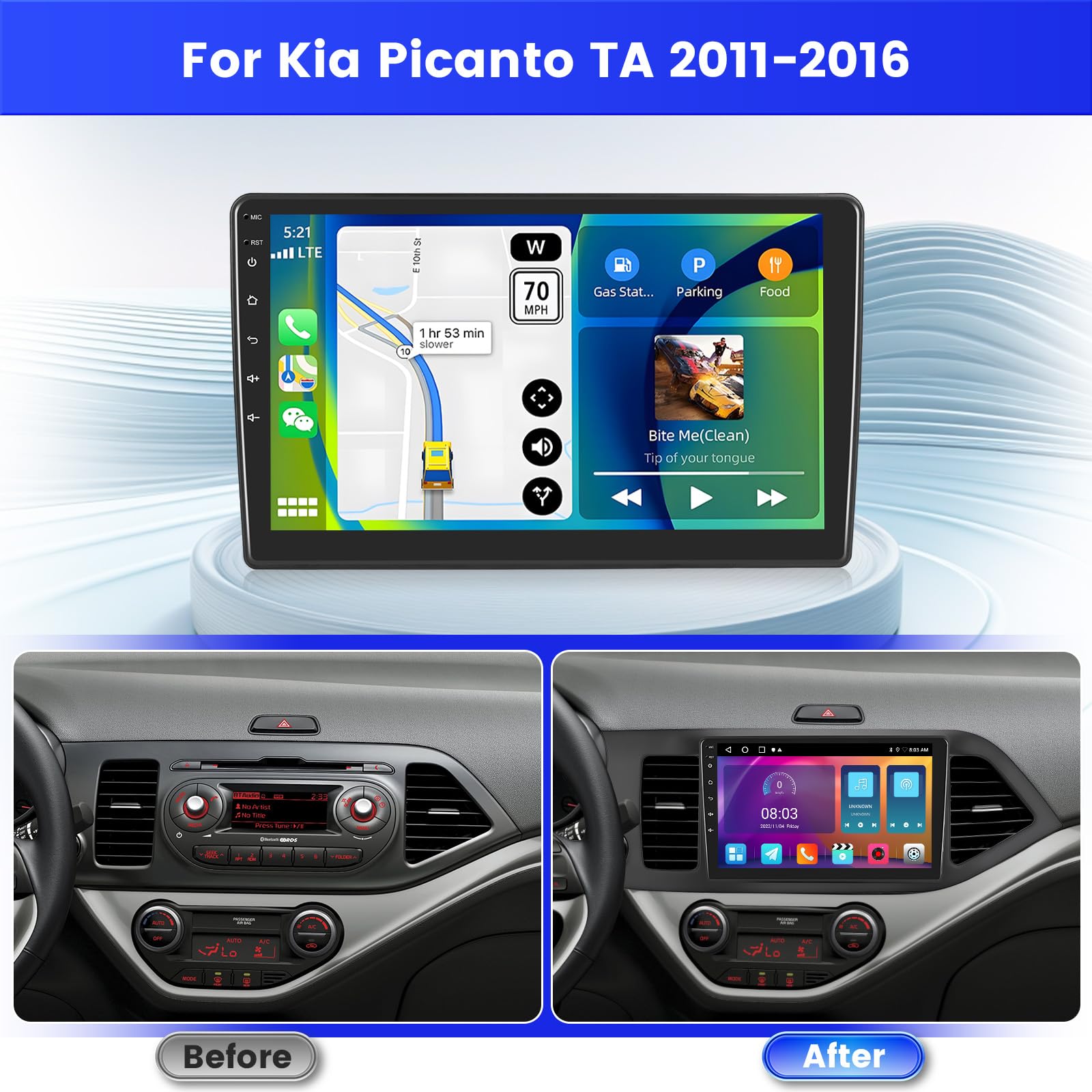 Inefala Radio für Kia Picanto TA 2011-2016 Android 15 2+64G mit Wireless CarPlay Android Auto, 9 Zoll Bildschirm mit EQ 26UI FM RDS GPS Bluetooth WiFi SWC AHD Rückfahrkamera