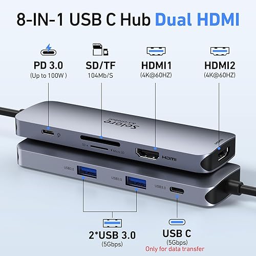 Miniatura 2 de Estación de acoplamiento USB C Monitor HDMI dual, adaptador USB C a HDMI dual con 2 puertos HDMI, carga PD, SD/TF, puertos USB A y C 3.0, estación