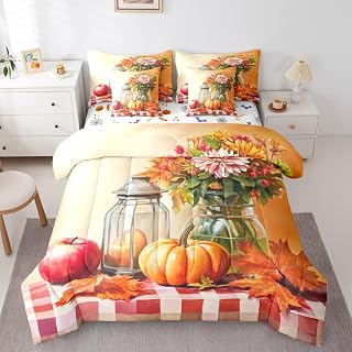 Erosebridal Thanksgiving Pumpkin Comforter Set 7 Piece Bed in a Bag Twin | Abstract Oil Painting Bedding Sets Maple Leaves Apple Fruit Comforter and Sheet Set, Watercolor Flowers Bed Sets