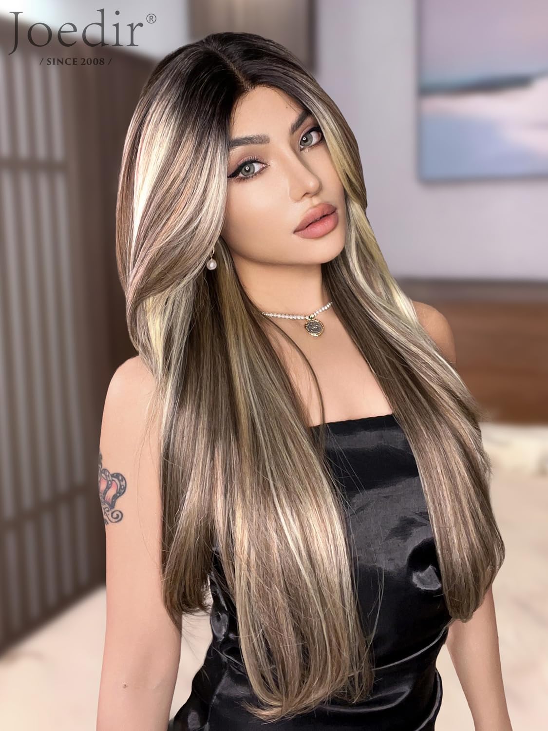 Joedir Long Layered Wig With Curtain Bangs Deep Part Lace Front Wigs for Women 26 Inch Middle Part Highlights Wig Heat Resistant Synthetic Wigs for Daily Party Use - Image 3