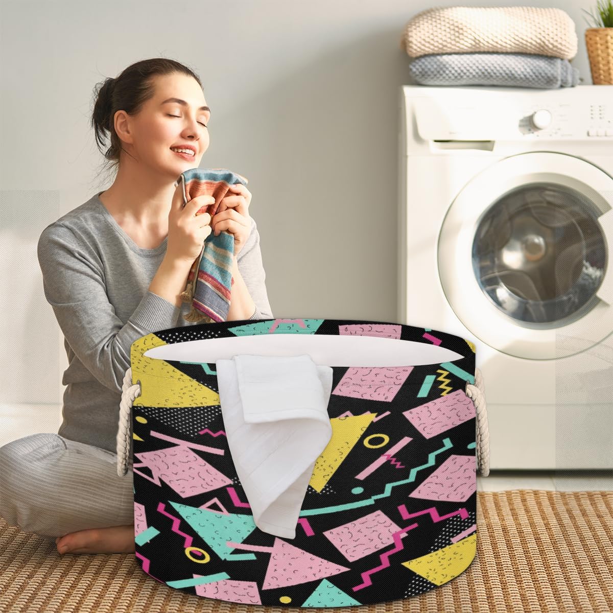 Large Storage Baskets - Retro Geometric 80s Nursery Round Collapsible Organizer Bin Box - Laundry Hamper for Kids Toys, Blanket, Bedroom Living Room Home Decor, Gift Basket, 19.4"x13.3"