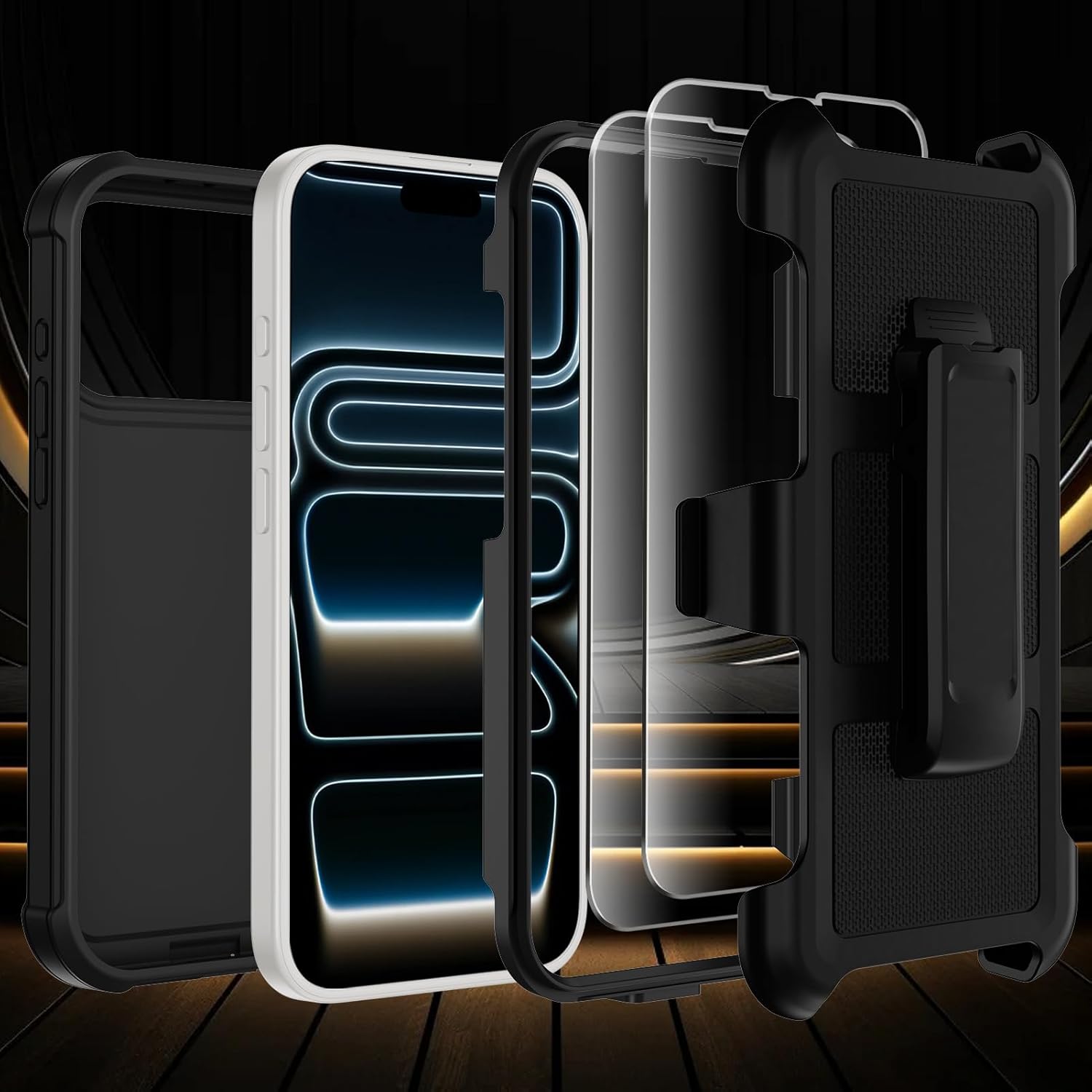 for iPhone 17 Pro Max Case with Belt Clip Holster,Anti-Drop Shockproof Bumper Phone Cases w/2x Screen Protectors & Kickstand,Rugged Heavy Duty Military Grade Protective Defender Cover (Black)