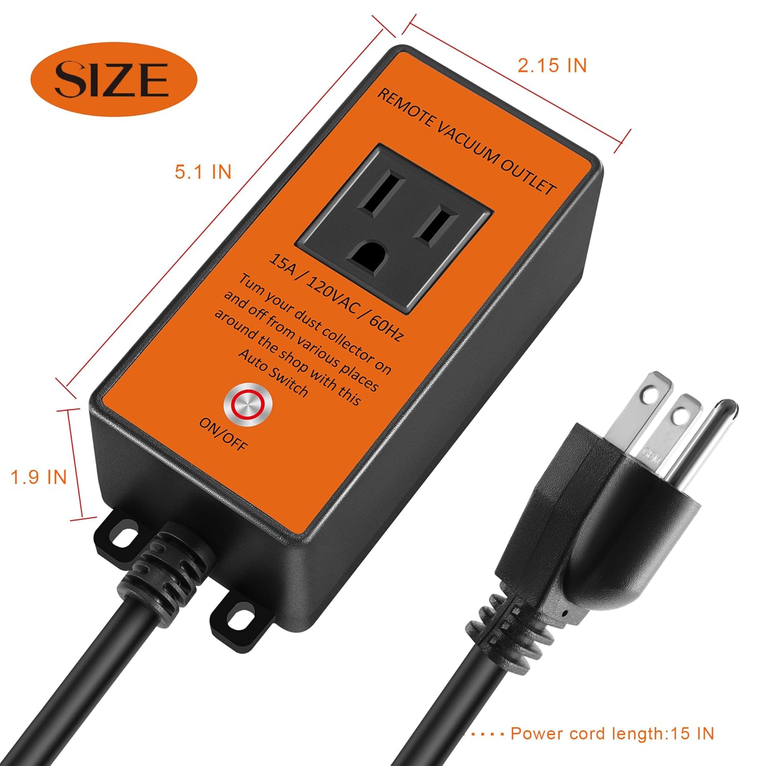 Automatic Remote Vacuum Outlet with 2 Remote Controls, 120V/15A, Dust Collector Remote Switch, Auto ON Off Switch for Dust Collector,5S Delay Shutdown