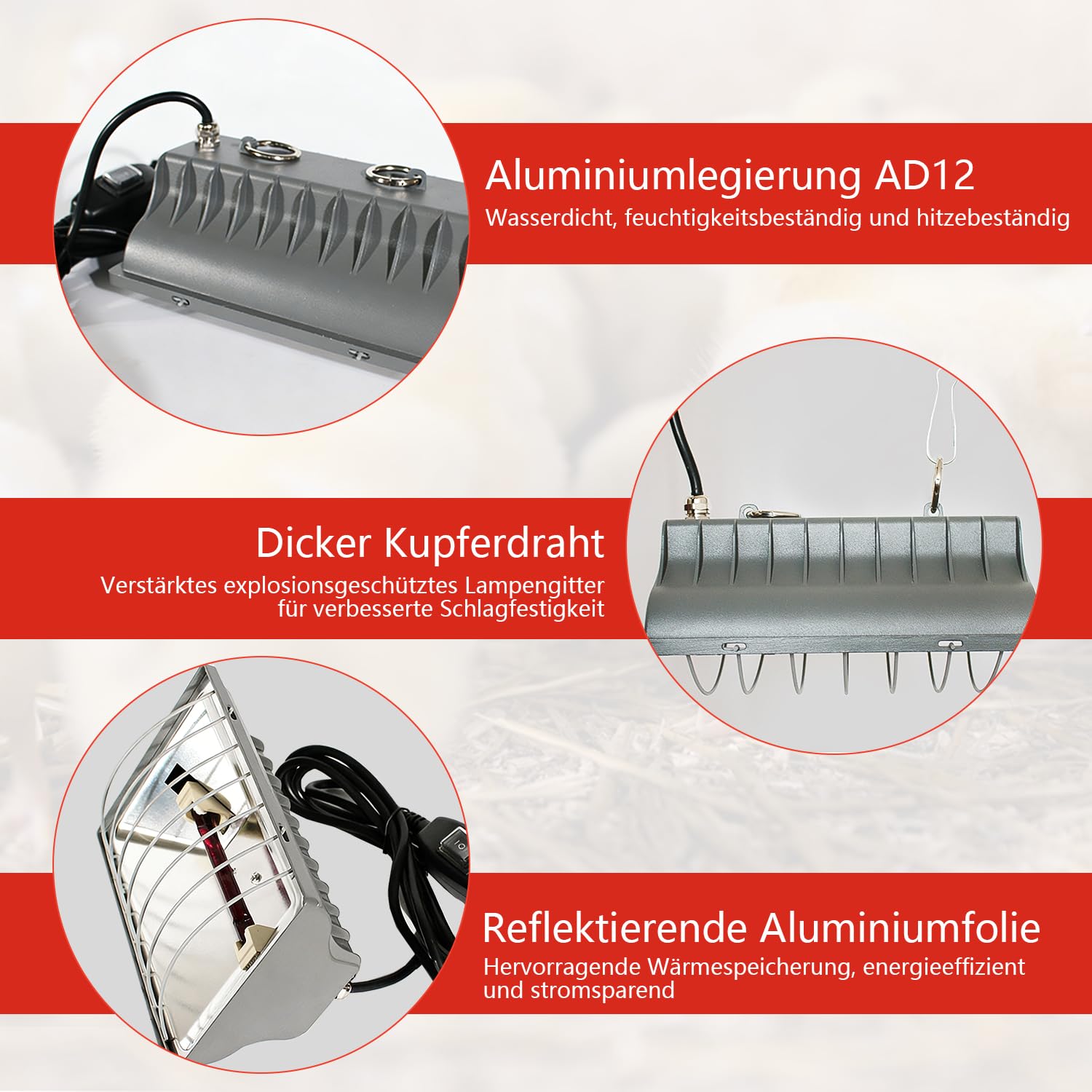 Lampe à lumière rouge pour poussins, maison de volaille, avec interrupteur à économie d'énergie, câble de 1,8 m, lampe infrarouge thermostatique automatique, convient pour poussins, porcelets