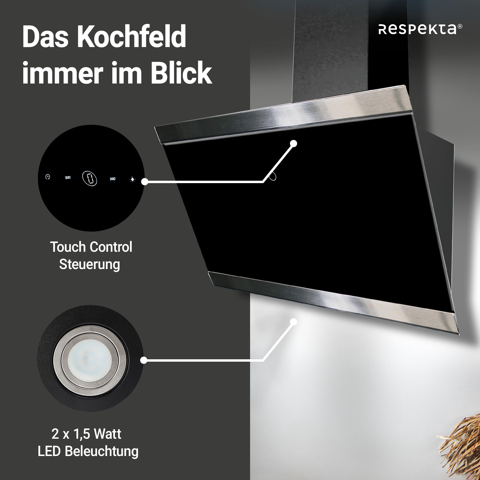 Respekta Dunstabzugshaube kopffrei 60 cm schräg Glasschirm Edelstahlrahmen Schwarz Abluft Umluft CH89060S A++ 39–59 dB