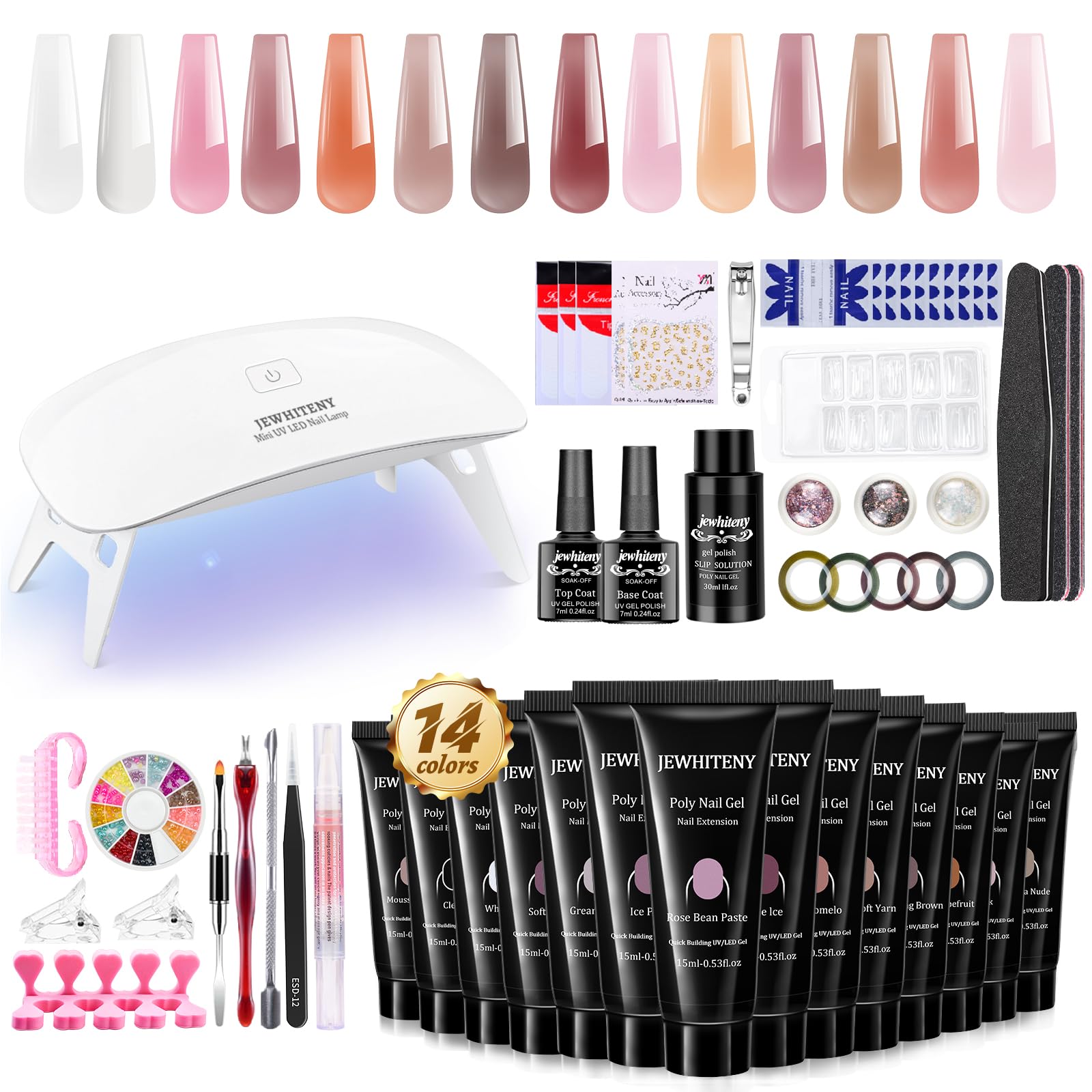 jewhiteny poly extension gel nail kit -14 pcs poly gel with mini nail lamp poly nail gel kit with slip solution basic poly gel nail art tools nail art design beginner kit