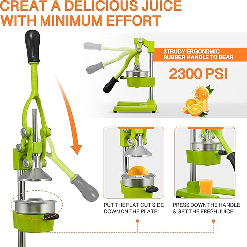 Miniatura 5 de Exprimidor manual comercial de hierro fundido de servicio pesado, exprimidor de cítricos manual de naranja, limón, lima, pomelo y granada con taza