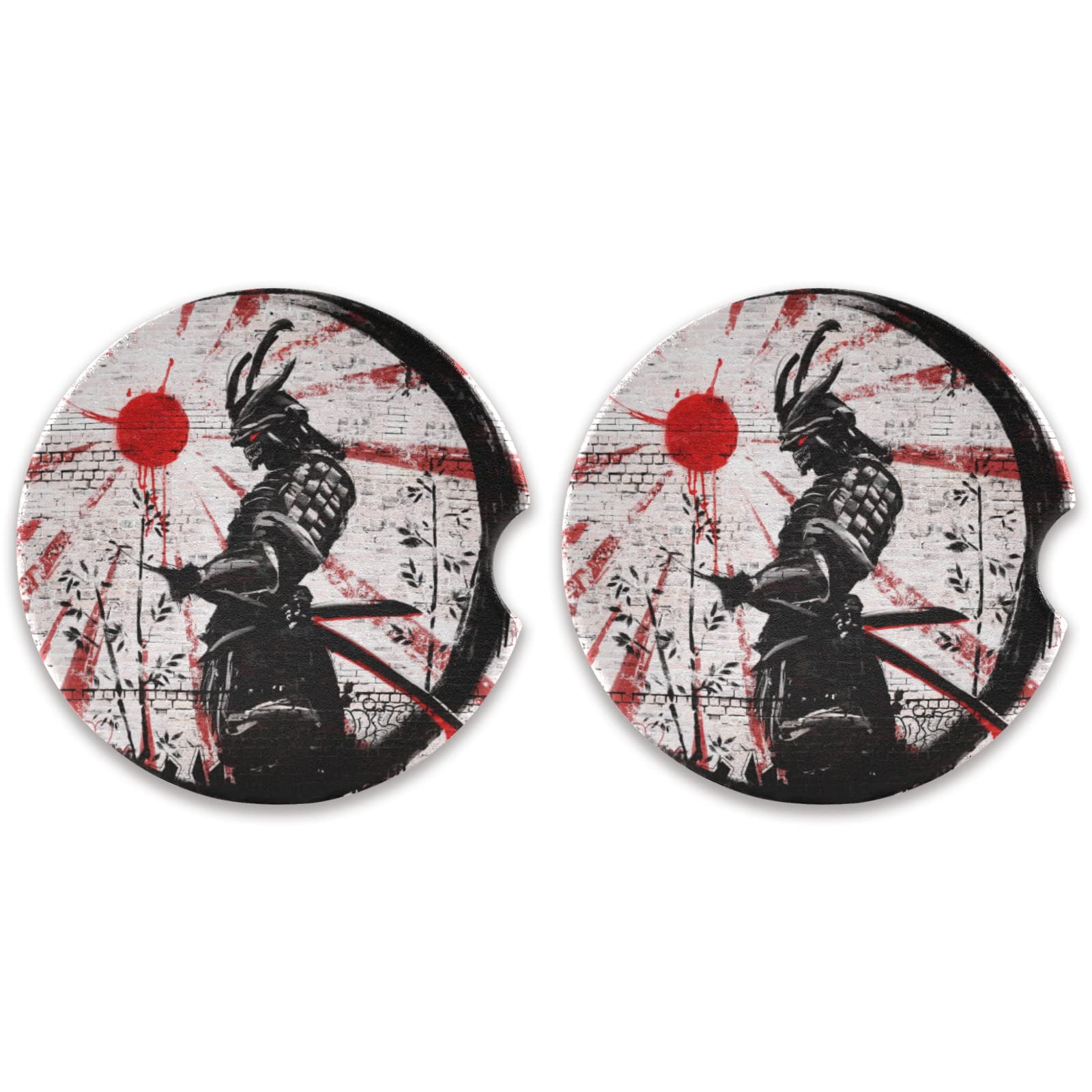 Brick wall of a Japanese Warrior Graffiti Ink Circle with a Red Sun 2PCs Round Absorbent Car Coasters, Car Cup Mat with Cork Back Finger Slot for Easy Removal, Mug Protect Holder, Car Accessories