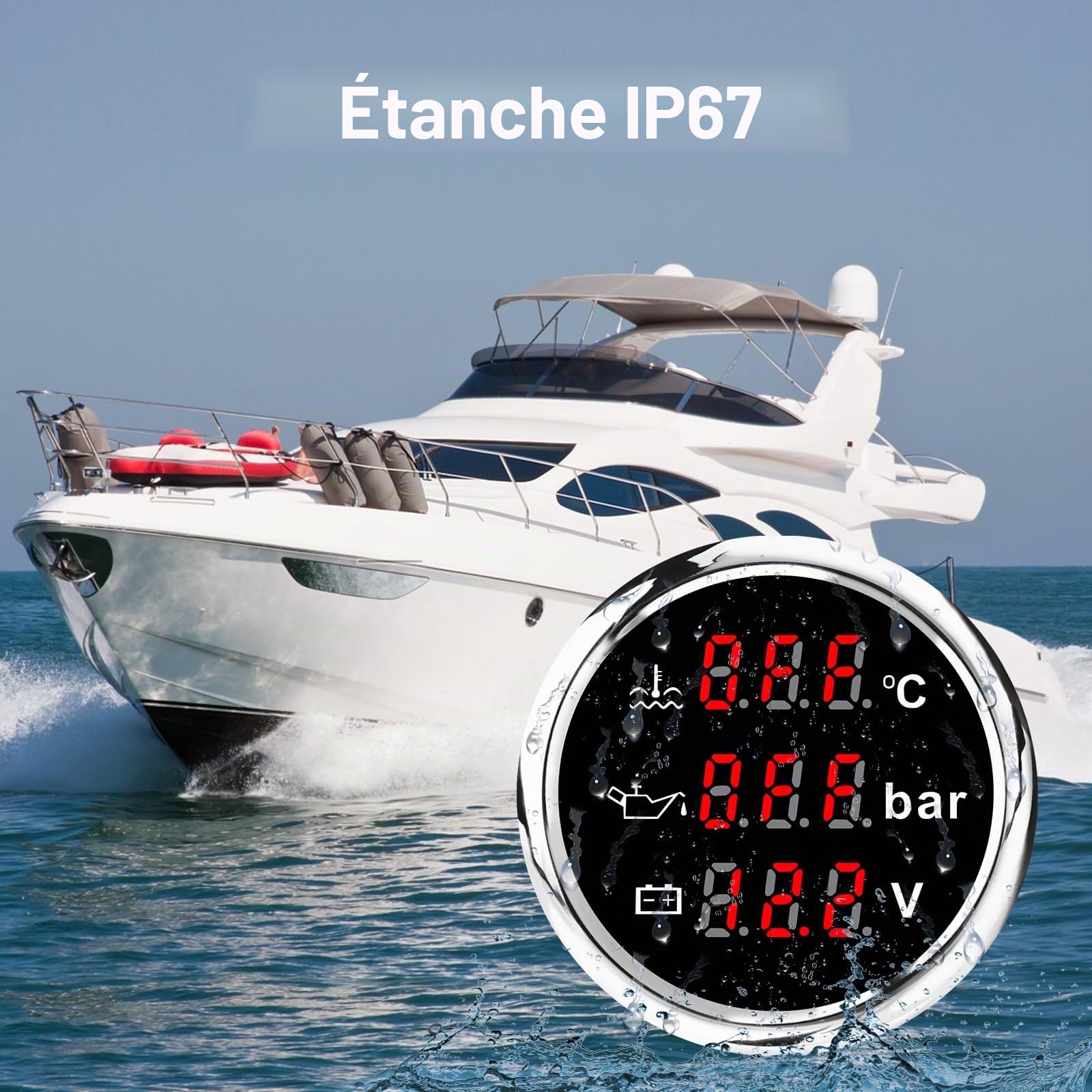 Geloo Jauges Triple universelles 52mm Jauge 3-en-1 voiture bateau liquide de refroidissement température de l'eau pression d'huile jauge de niveau de carburant avec alarme pour voiture Marine Yacht