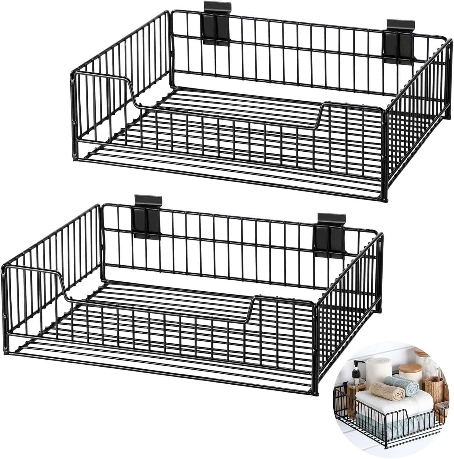 Maxdot 2 Pack Metal Slatwall Baskets Set 15.8 x 12.5 x 4 Inches Ventilated Black Storage Basket Mounted Hanging Slatwall Accessories for Garage Rooms Shops Storage Display Organizing on Garage Panels