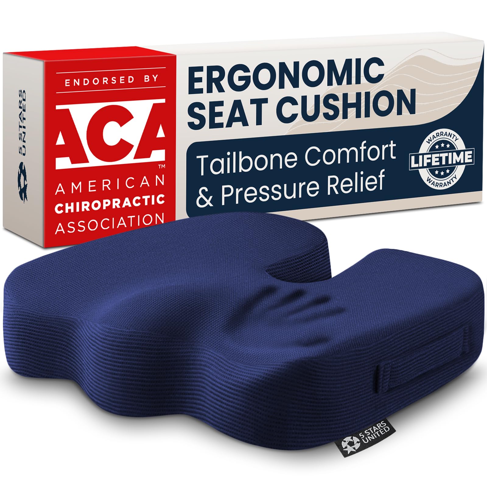 5 STARS UNITED Seat Cushion - Memory Foam Chair Pad for Tailbone Pain Relief - Ergonomic Support for Coccyx, Sciatica &amp; Butt - Office, Desk &amp; Gaming Chair, Car Seat, Wheelchair, Airplane, Blue