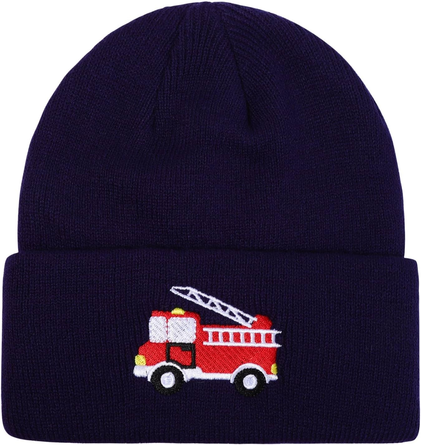 Kids Knit Beanie Cute Fire Trucks Embroidery Warm Cuffed Skull Caps Classic Autumn Winter Hats for Boys Girls 3-8 Years