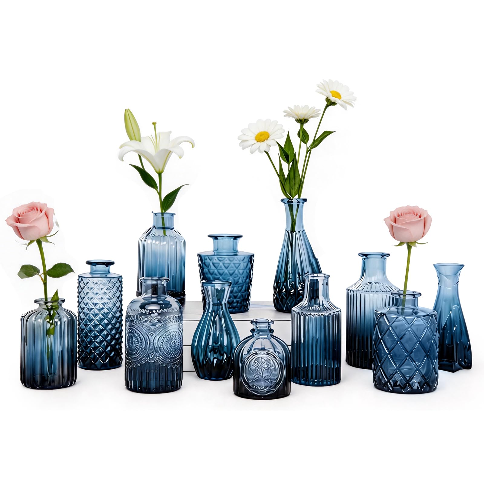 M.J COMFY-LIFE Glass Bud Vases Set of 12, Small Vintage Flower Vases for Centerpieces (12pack-Blue)
