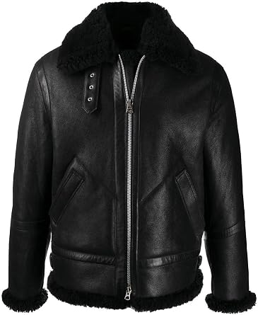 Yolo Jackets Mens Classic Fur Shearling Genuine Sheepskin Black Aviator Flight Real Leather Jacket