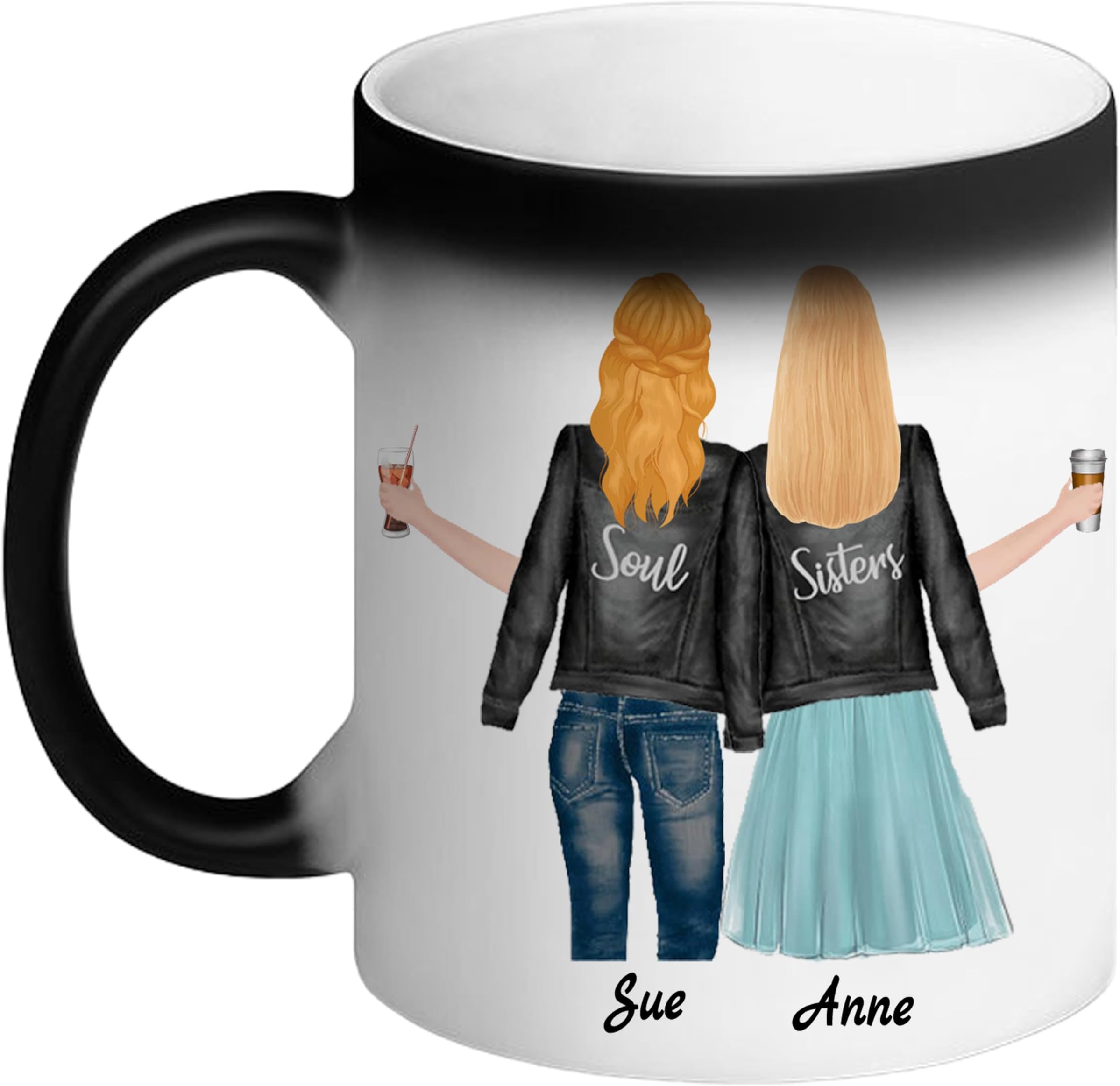 Personalised Best Friend Magic Mug Black - Customised with Name - Soul Sisters Coffee Tea Ceramic Cup - Heat Reveal Technology - Custom Gift for Friend Mom Aunt