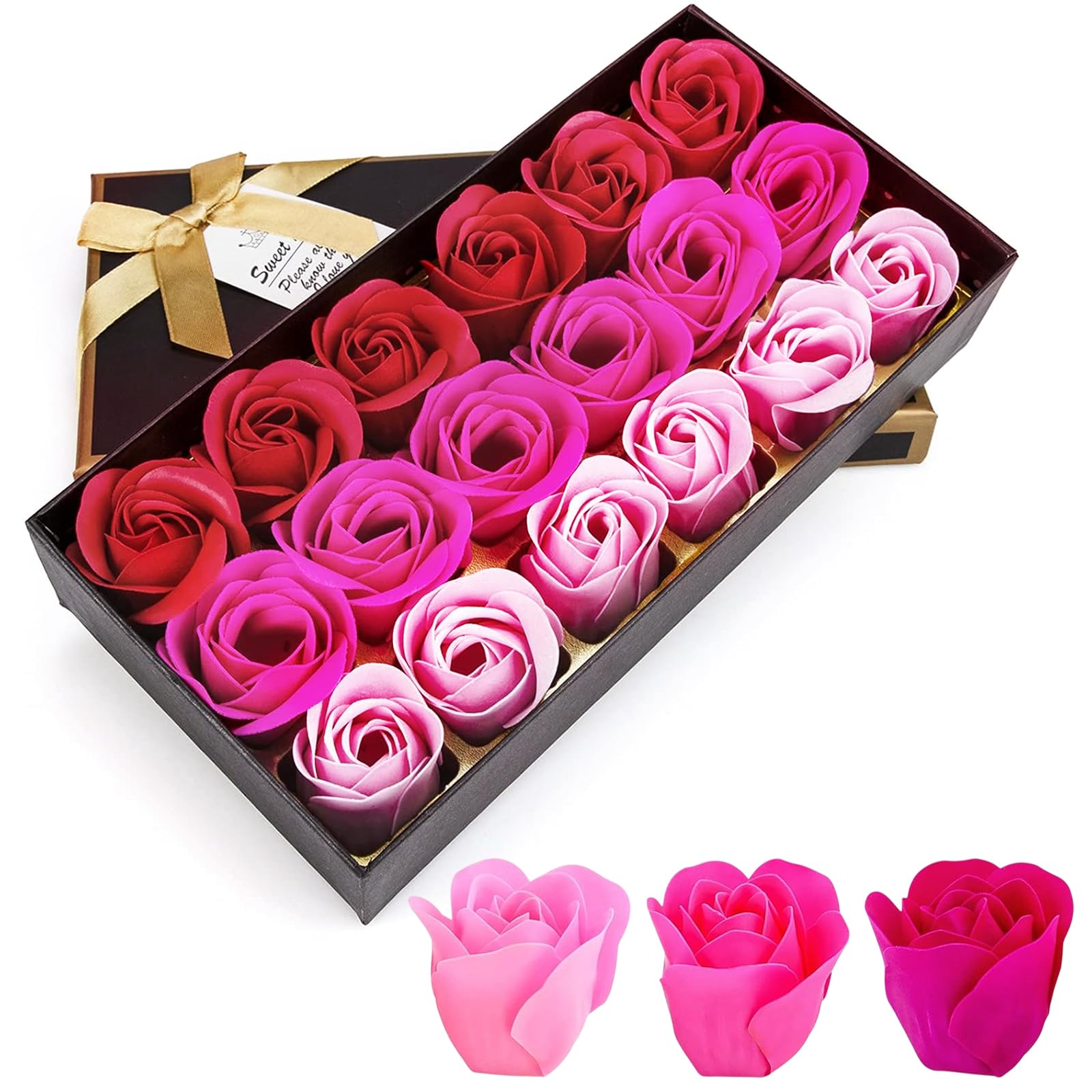 Little World Bath Soap Rose Flower - Floral Scented Rose Petals for Bath, Petals Body Soap in Gift Box for Valentine's Day, Anniversary, Birthday, Mothers Day Gifts for Her (18 Pcs/Box Gradient Pink)