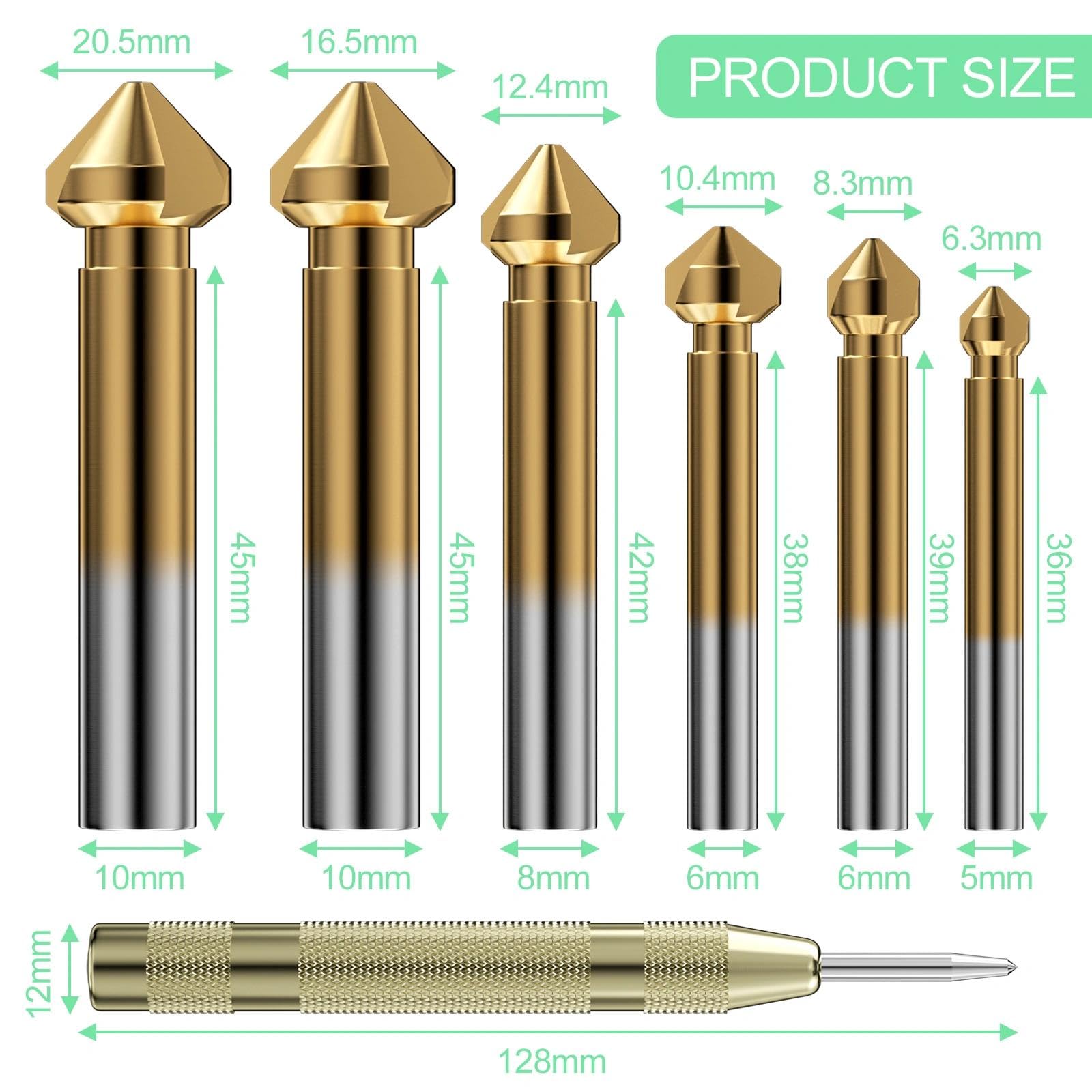 7 Pezzi Svasatori Conici, Svasatore Conico in HSS, Punta da Trapano per Metallo Legno per Acciaio Inox, Rame, Alluminio(6.3mm-20.5mm)