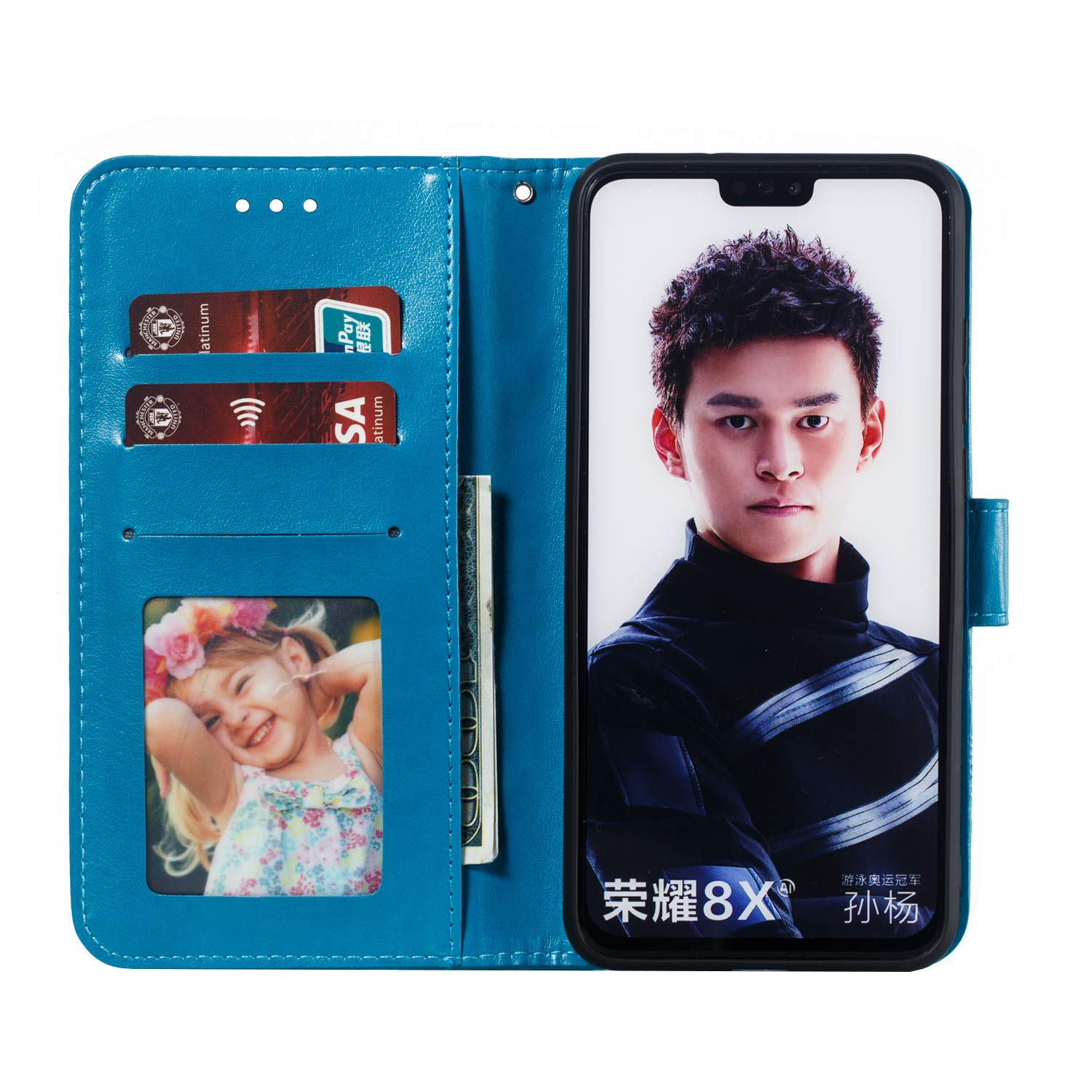 Honor View 10 Lite Custodia Flip – PU Pelle E TPU, Portafoglio Con Design Mandala Blu, Per Honor 8X