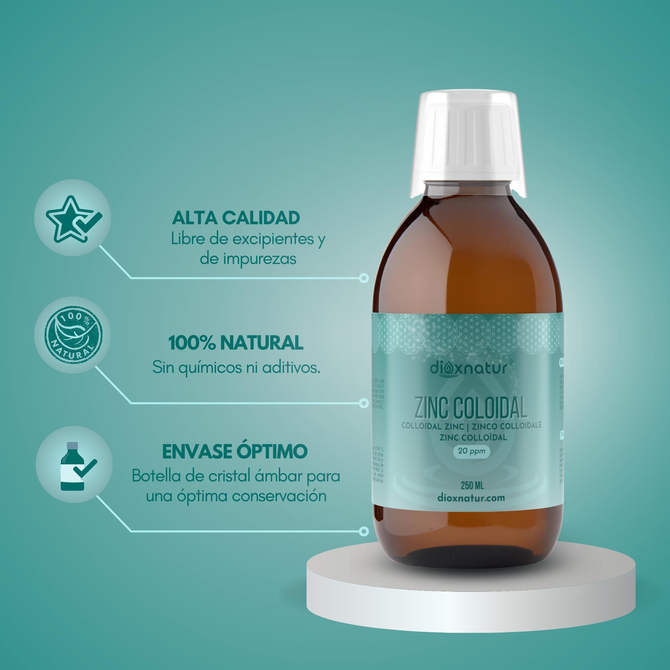 Zinc Coloidal 250ml 20 ppm - Zinc líquido - Envase vidrio ambar - Vaso medidor incluido
