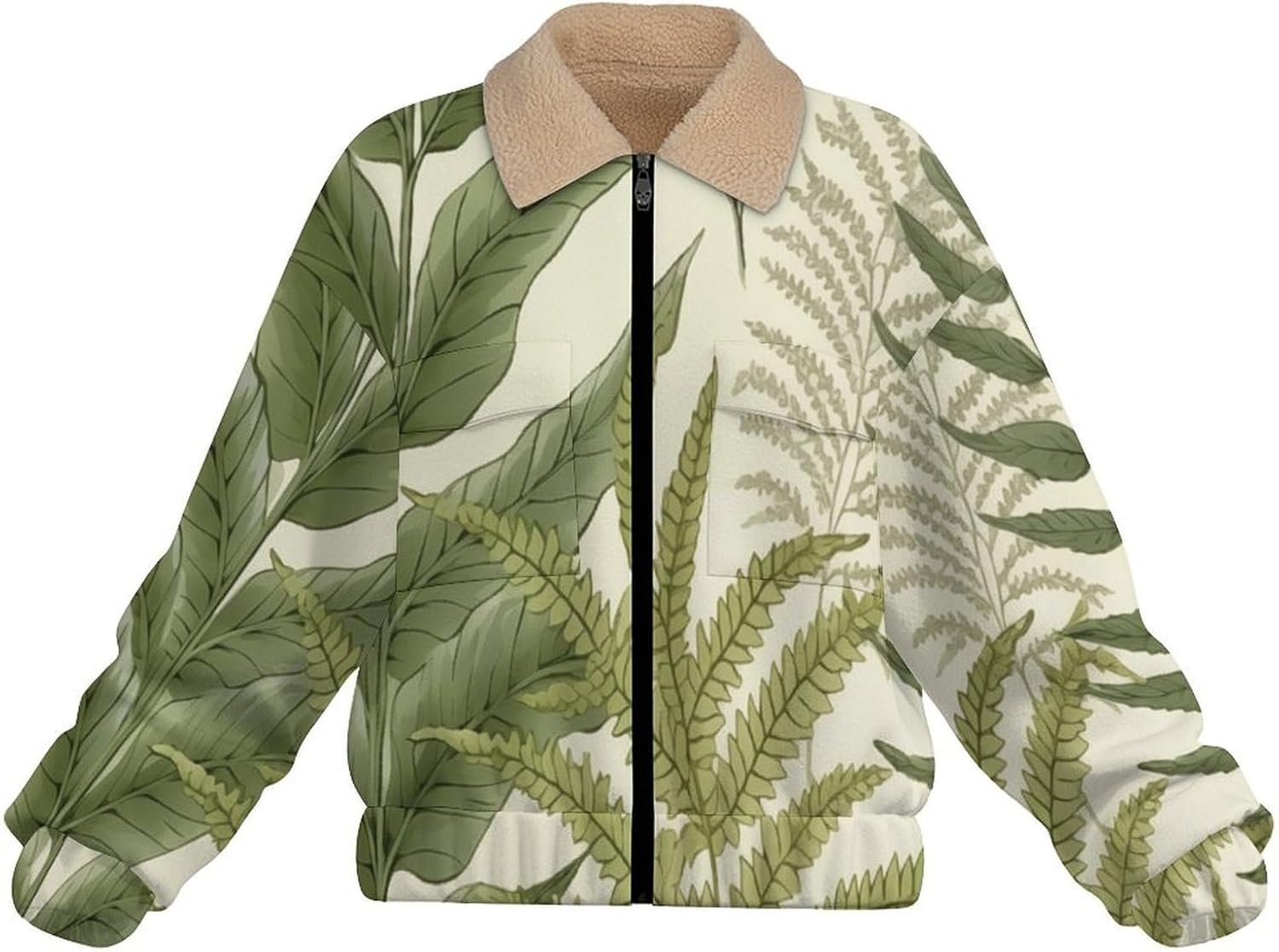 Women Winter Sherpa Lined Fleece Jacket, Long Sleeve Zip Up Ferns Cropped Coats Warm Soft Polar Outwear