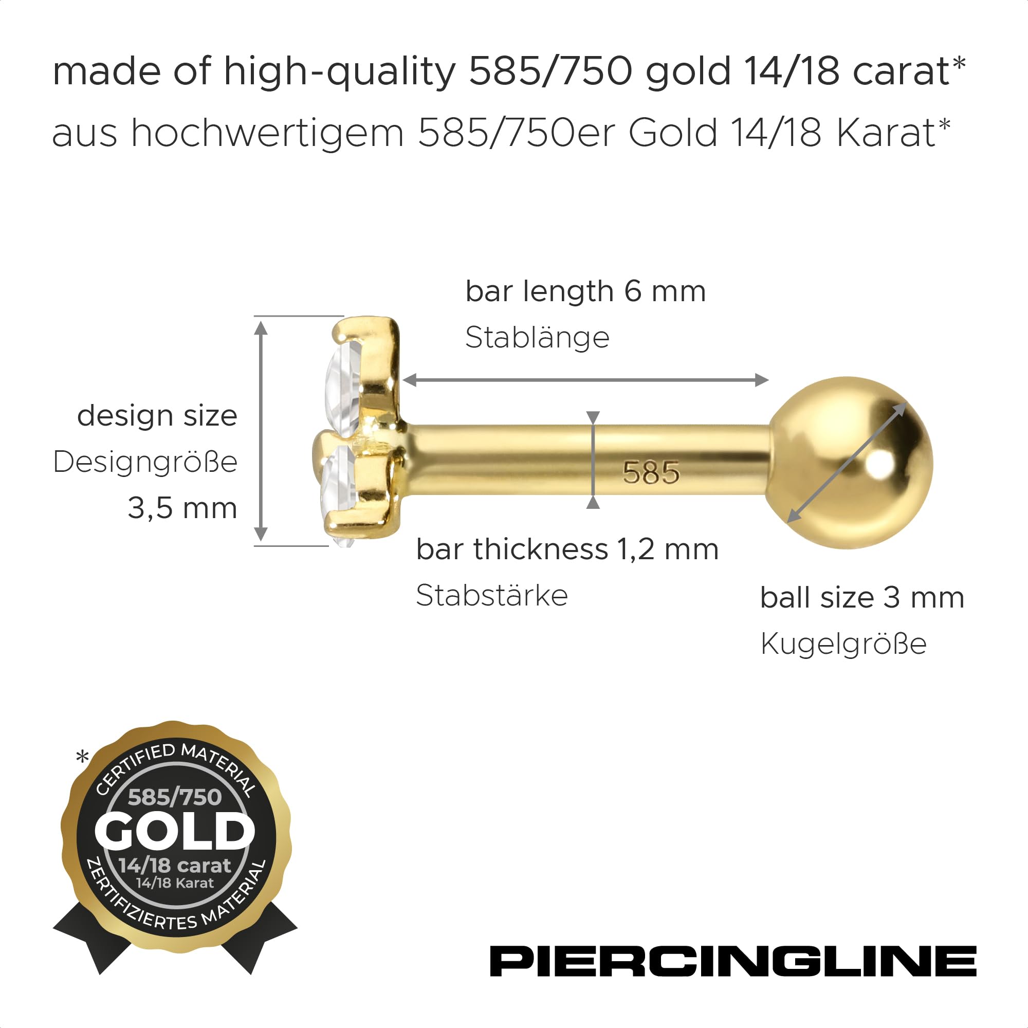 PIERCINGLINE 14 Karat oder 18 Karat Gold Ohrpiercing mit MOISSANIT-BLUME Piercing Tragus Helix Conch