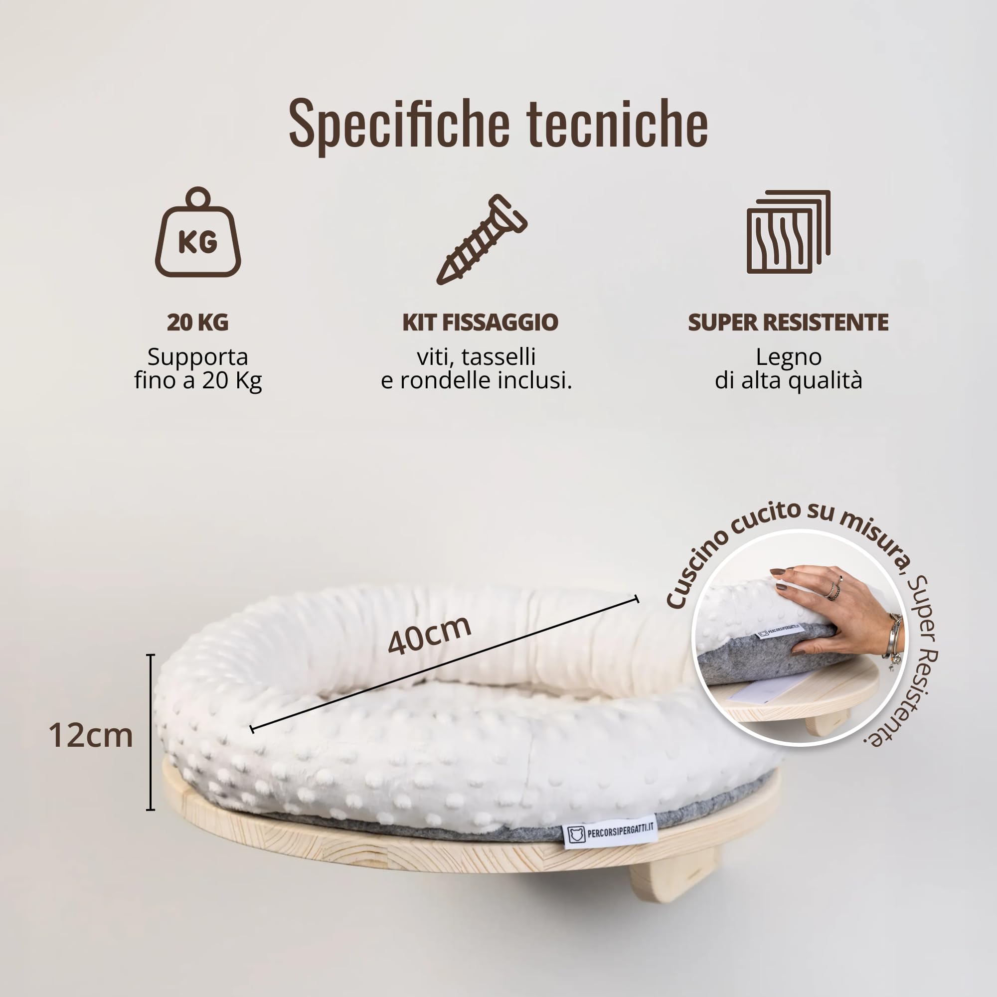 Cuccia per Gatti Tonda da Parete in Legno d’Abete PEFC Artigianale, con Cuscino Beige Lavabile, Mensola per Gatti Super Robusta per Dormire, Gioco e Relax, Fino a 20 kg – Percorsopergatti