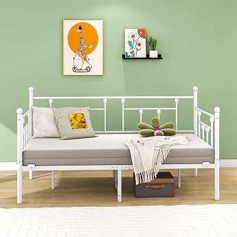 Day Bed Frame 90 x 200 cm Bed Single Bed Sofa Bed with Slatted Frame for Guest Room Youth Bed Metal Bed Day Bed Bed Frame for Bedroom Living Room White