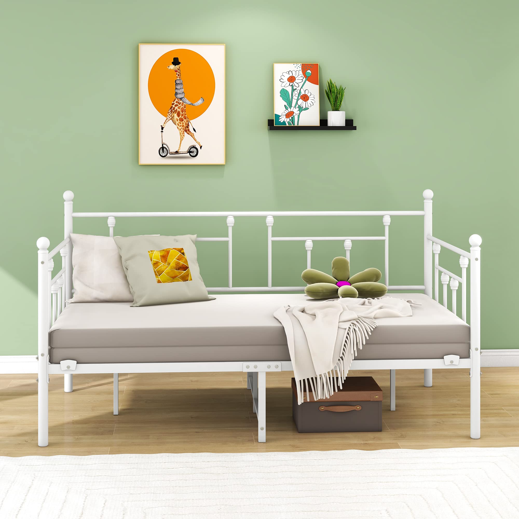 Marco de cama de 90 x 200 cm, sofá individual con somier de láminas para habitación de invitados, jóvenes, cama de metal para dormitorio, sala de estar, color blanco