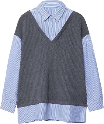 Women Y2k Shirt Fake Two Piece Combo Knit Sweater Vest & Striped Blouse, Oversized Preppy Top